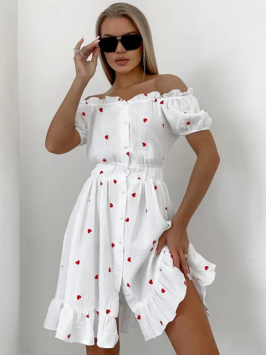 Women Sweet Off Shoulder Mini Dress Puff Sleeve Red Heart Print Ruffle Hem A-Line Summer Elegant Button Front Short Dress