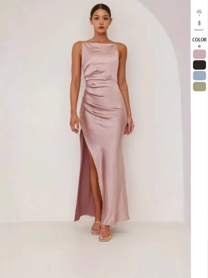 Women Sexy Satin Spaghetti Strap Maxi Dress Backless High Slit Ruched Slim Fit Party Evening Long Dress Solid Color