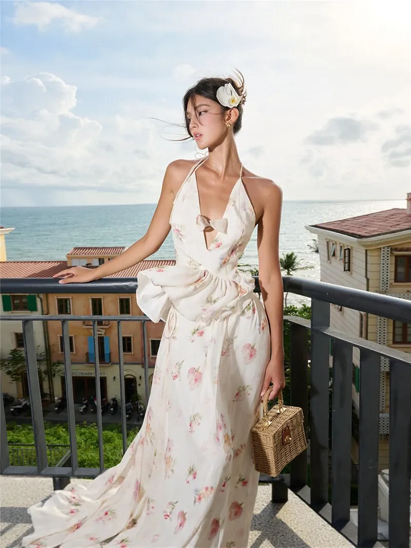 Women Floral Printed Halter Neck Backless Peplum Top And Tiered Maxi Skirt Vacation Holiday Fashion Ruffle Clothing Off White
