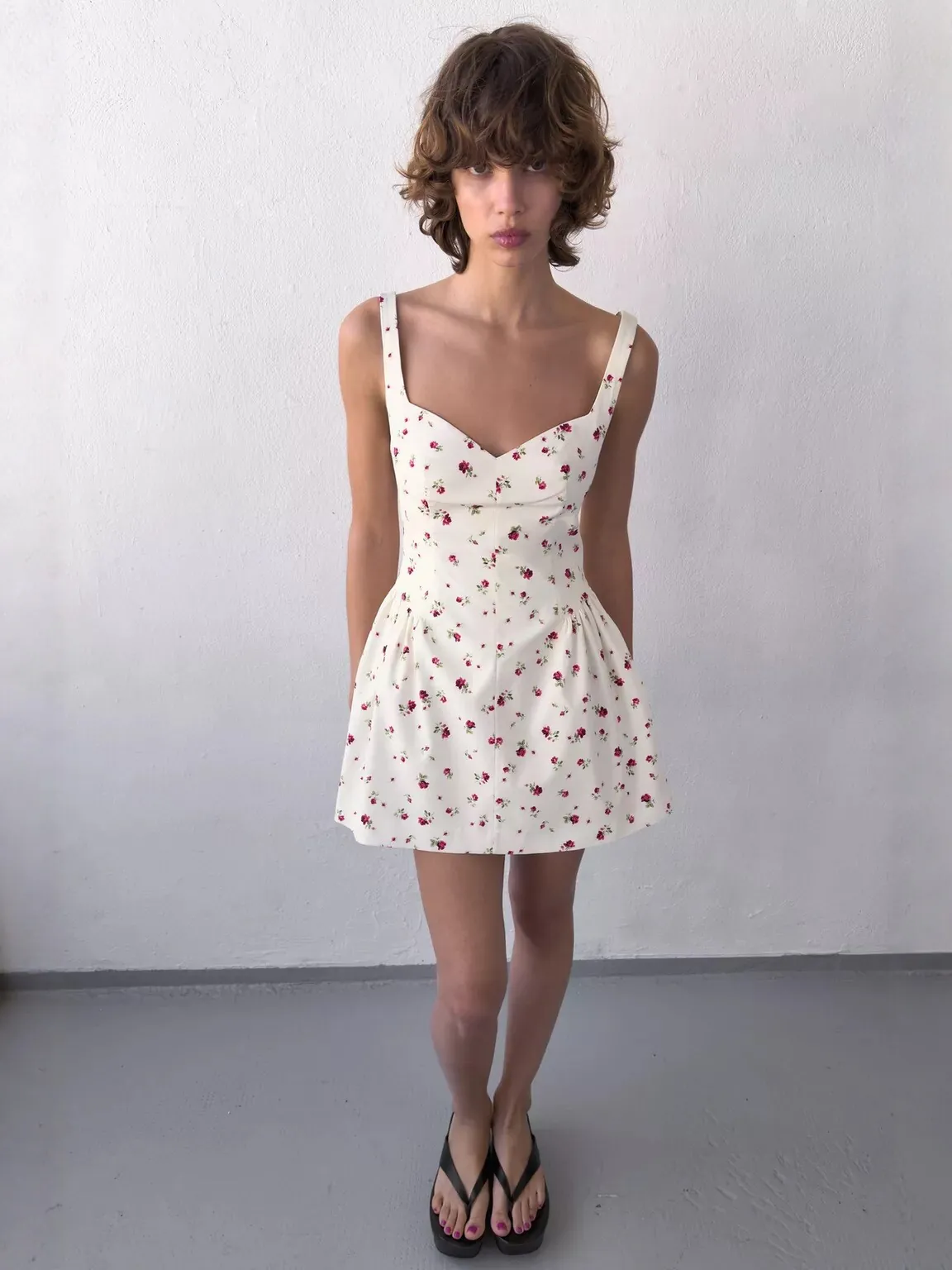 Abito Mini Floreale da Donna Sexy Schiena Scoperta Scollo a Cuore Misto Cotone Linea A Estivo Senza Maniche Stile Francese