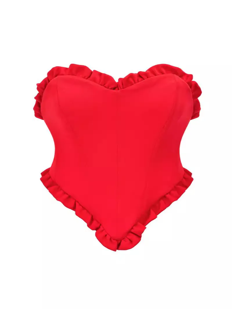Top Corset Femme en Forme de Cœur à Volants Sans Bretelles Dos Nu Lacet Sexy Spicy Girl Doux Fête Slim Fit Crop Tube Top
