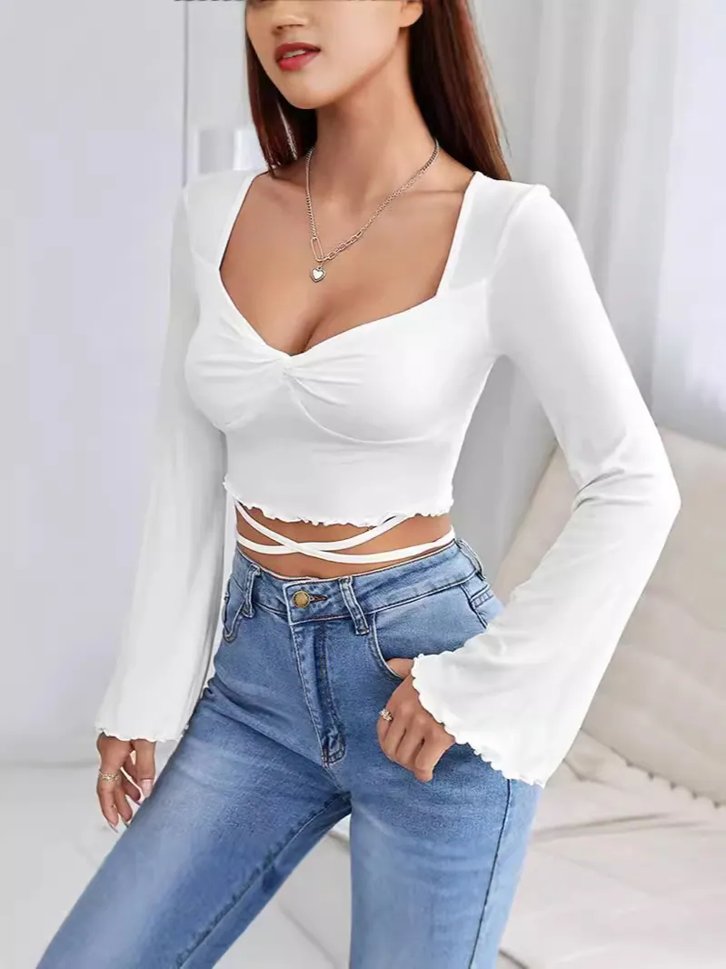 Women Elegant Viscose Elastane Flare Sleeve Tie Up Crop Top Heart Neck Long Sleeve Slim Fit Casual Streetwear Blouse Top