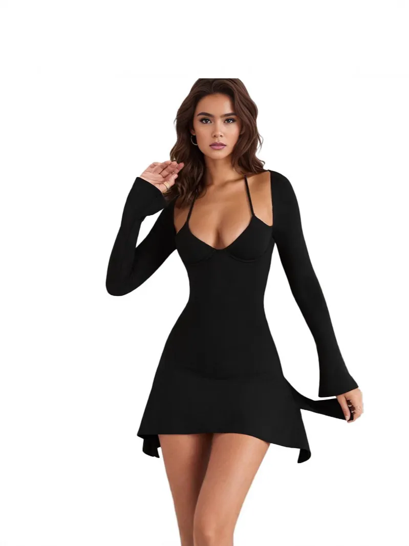 Sexy Women Halter V Neck Long Sleeve Mini Dress Open Back Flare Sleeve Solid Color Slim Fit Gothic Street Party Dress