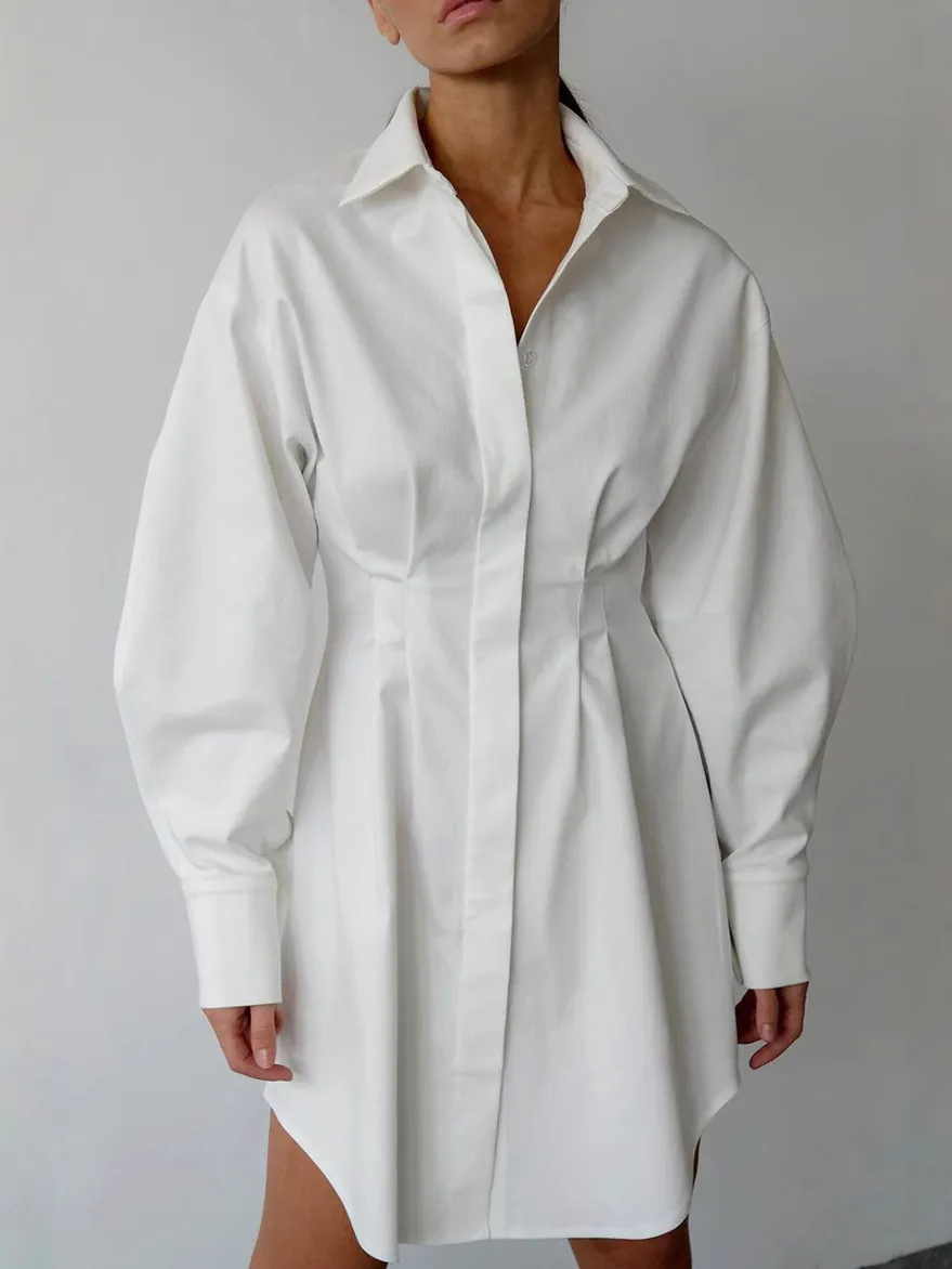 Robe Chemise Décontractée pour Femmes Couleur Unie Plis à la Taille Manches Longues Ligne A Midi Boutonnée Mélange de Coton