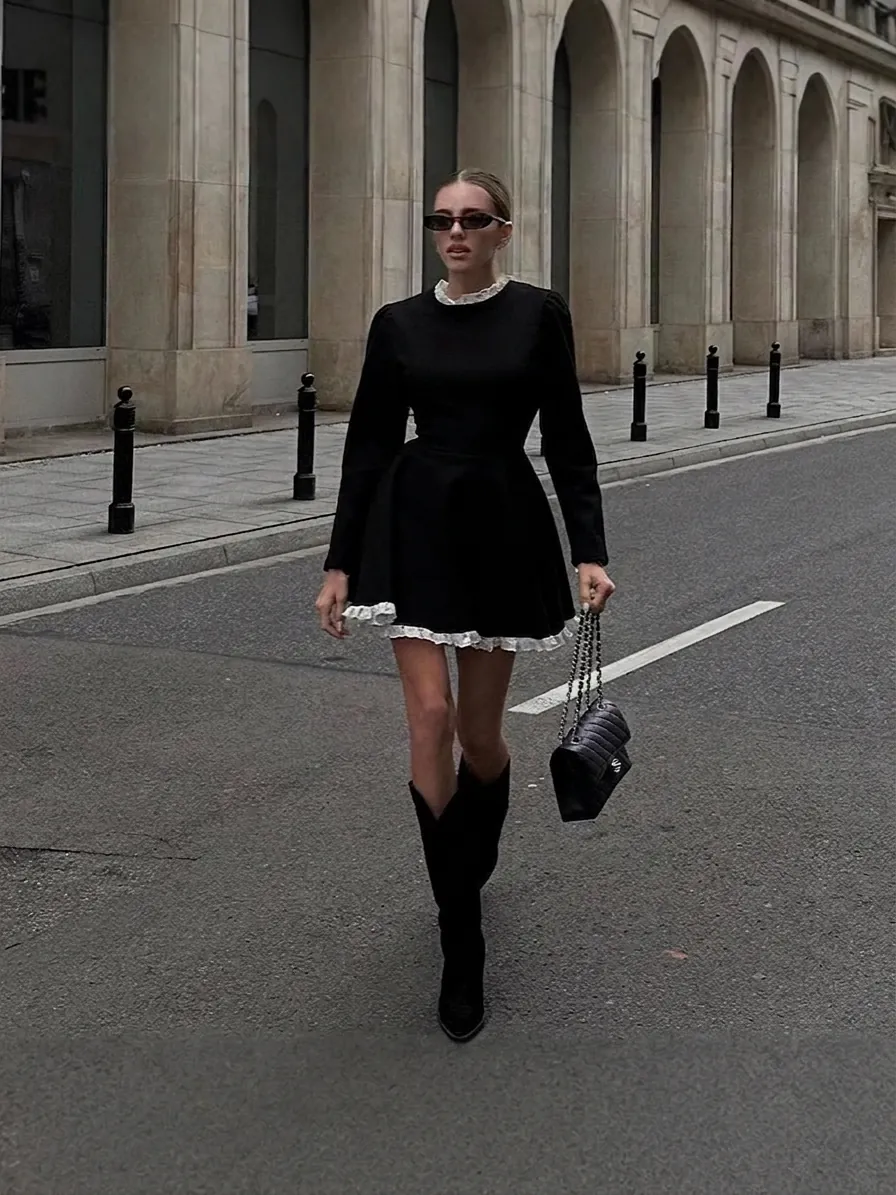 Robe Mini Noire à Manches Longues Vintage Femmes Rétro Patchwork de Dentelle Blanche Robe Patineuse Coupe en A Élégante Style Hepburn Soirée