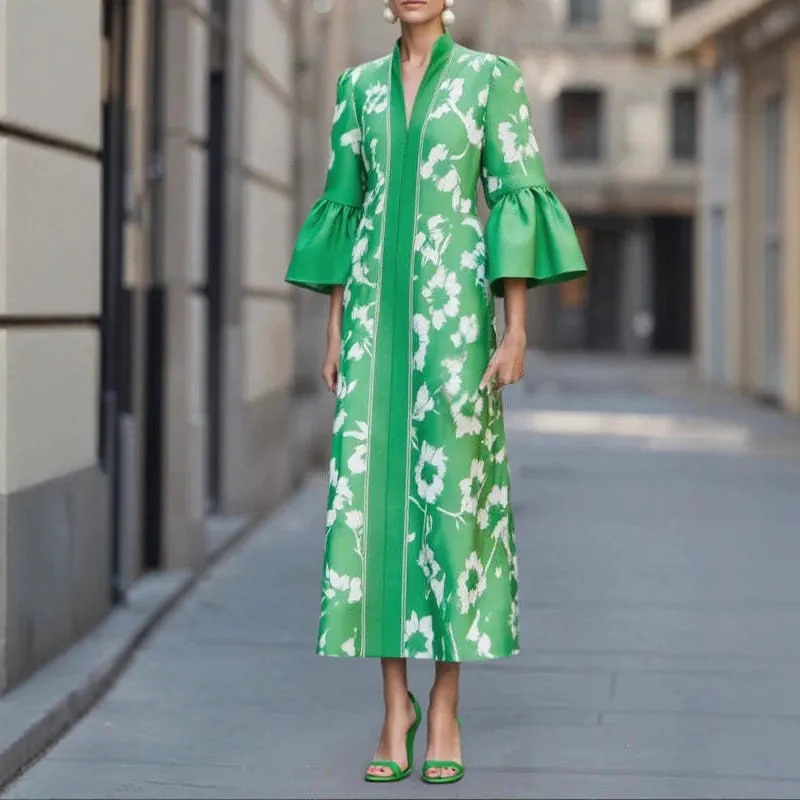 Women Elegant Deep V Neck Bubble Sleeve Floral Print Satin Look Maxi Dress French Vintage Green Long Dress For Party Vacation