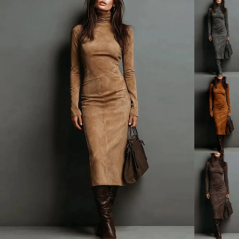 Women High Neck Long Sleeve Bodycon Dress Slim Fit Midi Pencil Dress Sexy Solid Color Winter Autumn Base Layer Dress