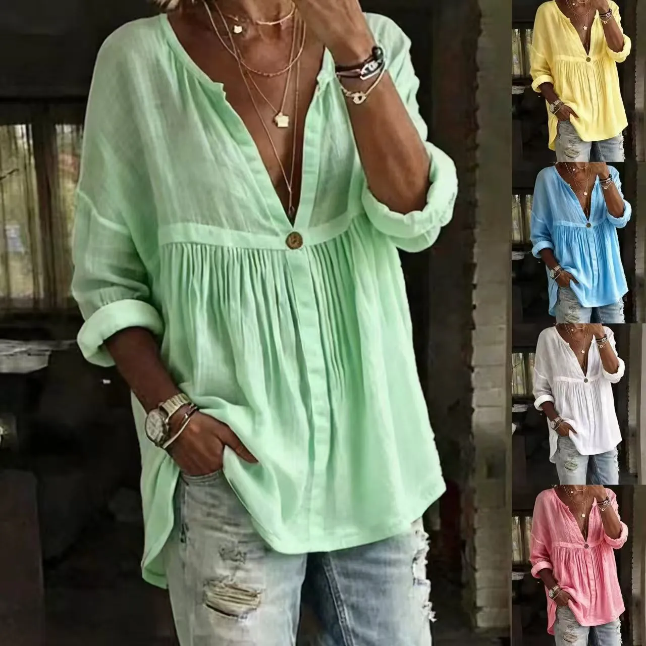 Dames Casual Losse V-hals Geplooide Lange Mouw Top Katoen Polyester Pullover Blouse Mode Effen Kleur Knoop Overhemd