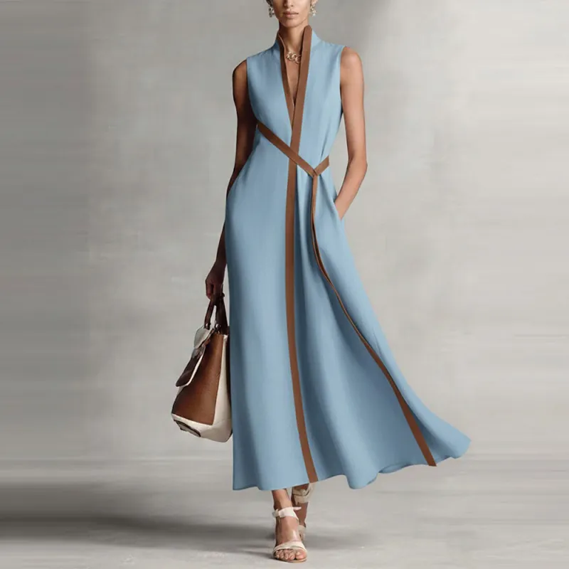 Abito Maxi da Donna Casual Color Block Senza Maniche Profondo Scollo a V Finiture a Contrasto Vestibilità Morbida Abito Lungo a Linea con Cintura