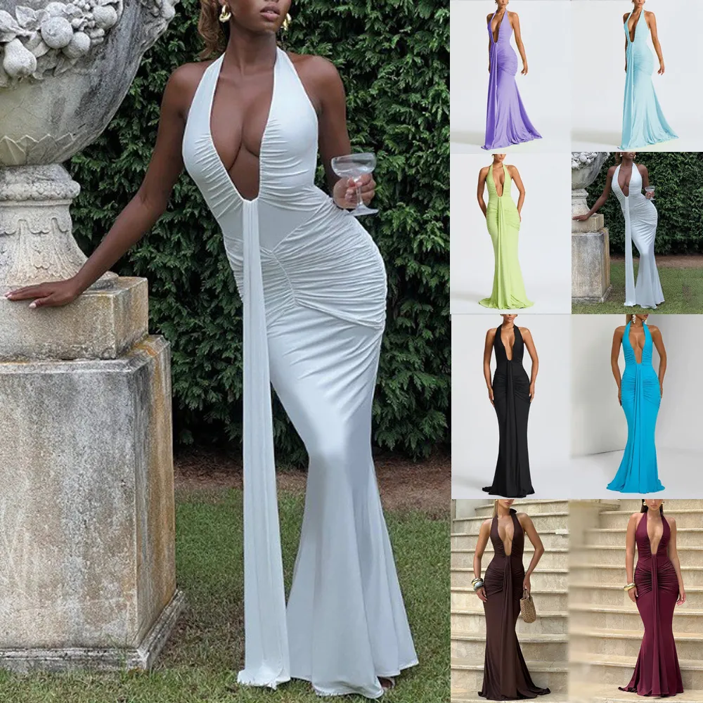Women's Elegant Halter Deep V Backless Ruched Fishtail Maxi Dress Solid Color Sexy Party Evening Formal Long Gown