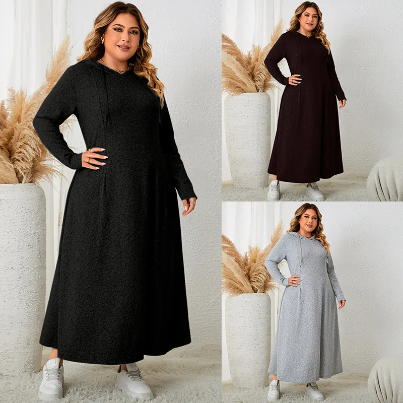Women Plus Size Hooded Maxi Dress Long Sleeve Casual A-Line Solid Color Autumn Polyester Drawstring Long Dresses