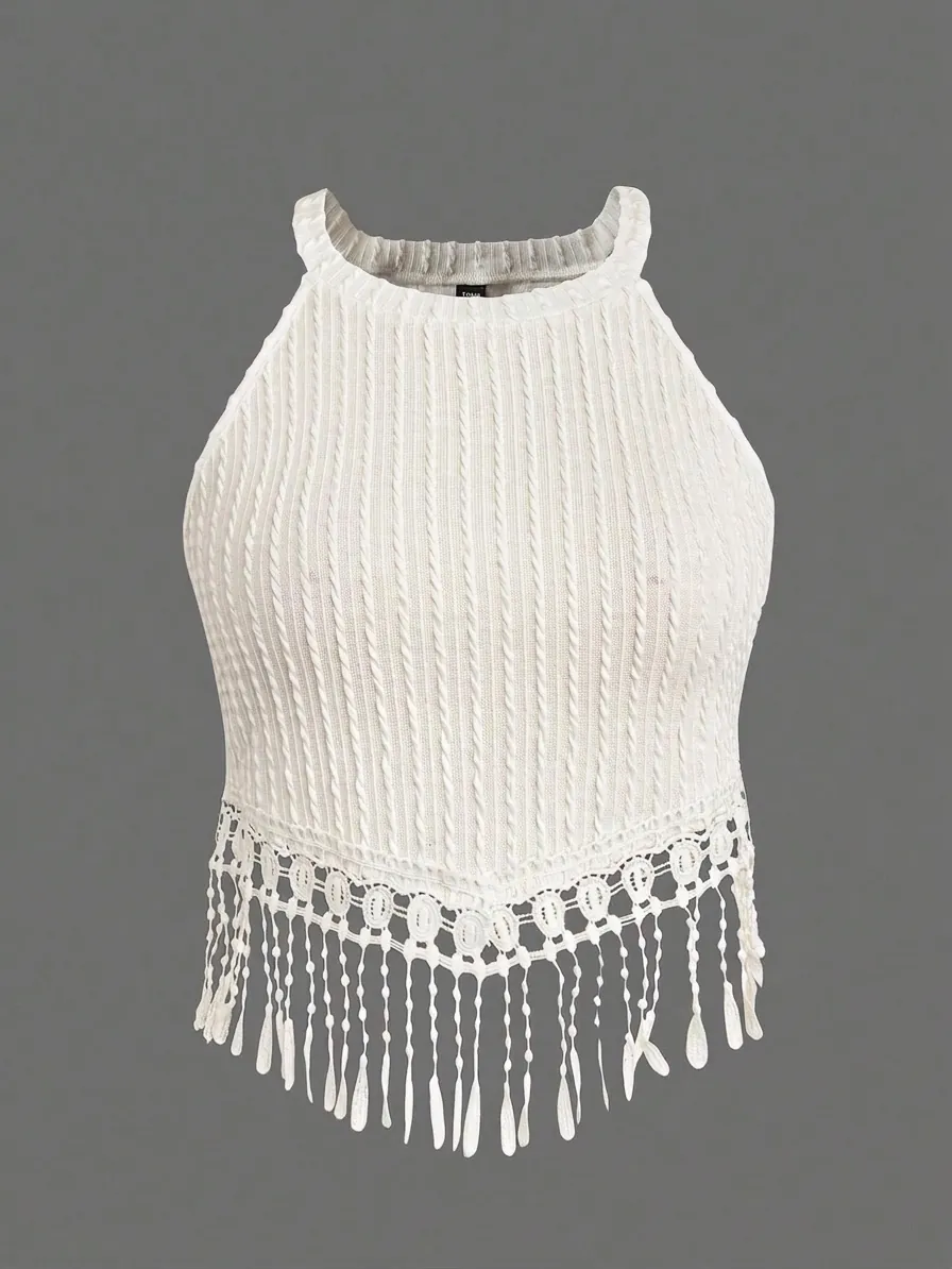 Women Plus Size Halter Knit Crop Top Elegant Solid Color Tassel Hem Cable Knit Sleeveless Backless Boho Tank Top