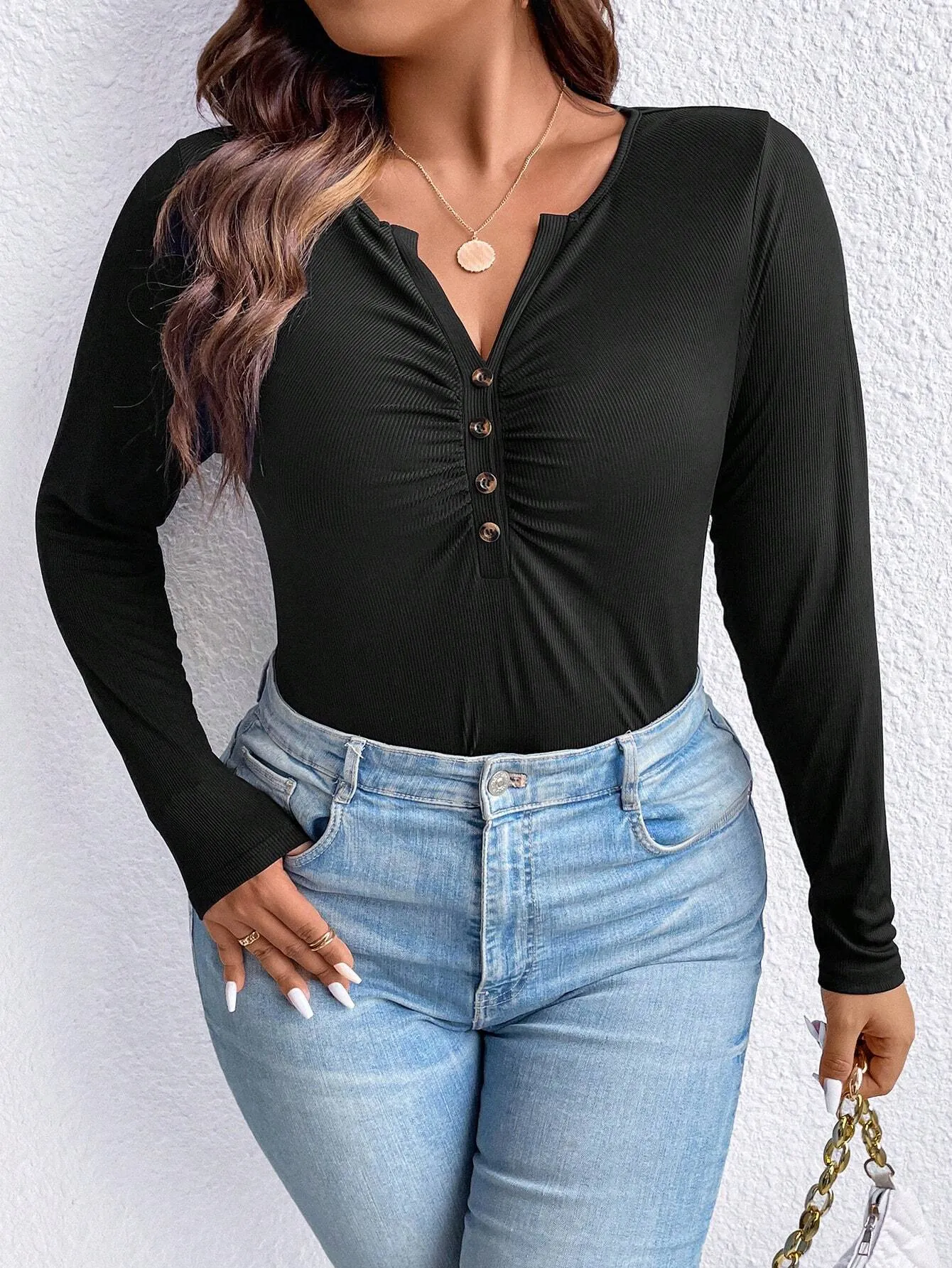 Damen Plus Size Langarm V-Ausschnitt Gerafftes T-Shirt Rippstrick Knopfleiste Slim Fit Casual Einfarbig Plus Size Herbst Top