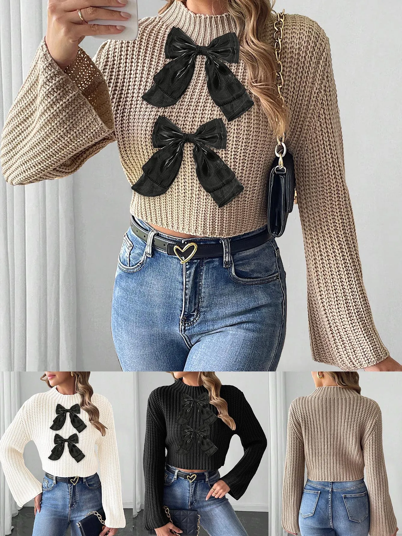 Women's Cropped Bowknot Patchwork Flare Sleeve Sweater Half-Turtleneck Machine-Woven Knit Pullover Top For Streetwear Fashion