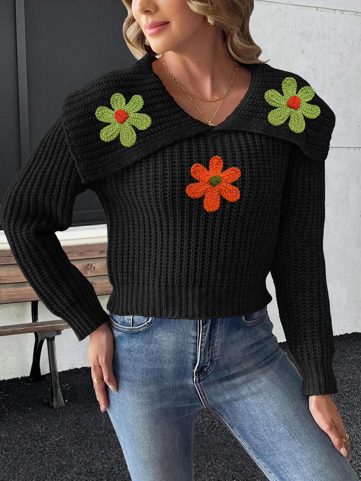 Women Large Lapel Crochet Flower Patchwork Knit Sweater Long Sleeve Ribbed Short Pullover Jumper Winter Fashion Clothing Top