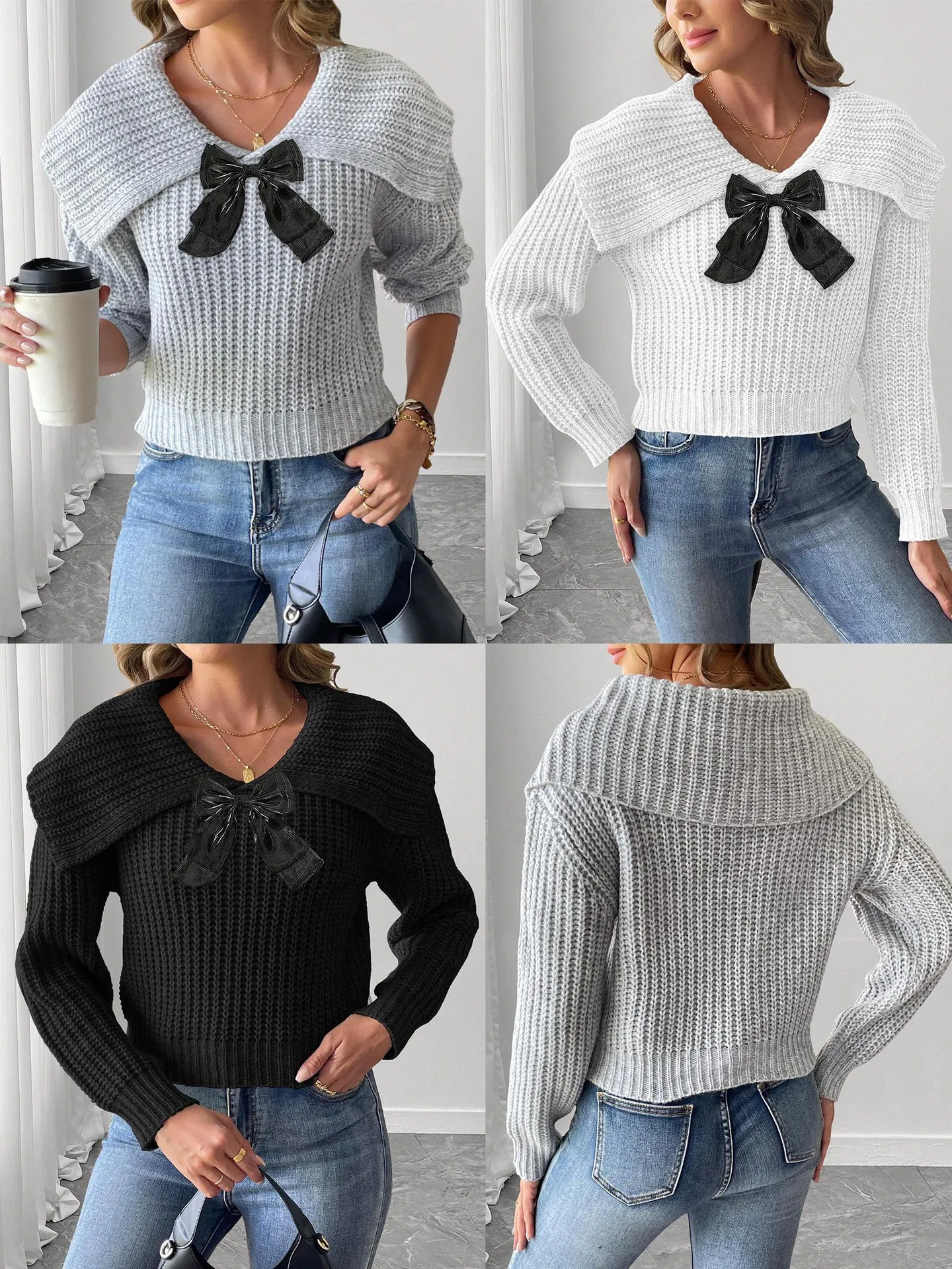 Pull en Maille Femme avec Patchwork de Nœud Revers Pull Court Manches Longues Style Streetwear Gris Blanc Noir Maille