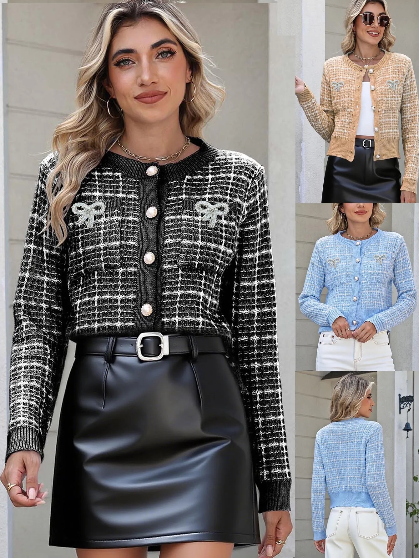 Damen Tweed Stil Karierte Strickjacke Pullover Bogen Strass Perle Knopf Langarm Top Elegante Mode Strickwaren Mantel