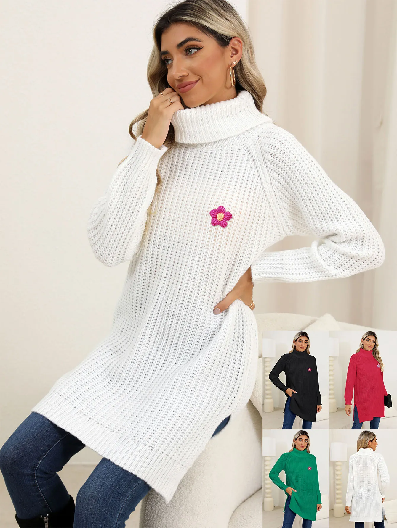 Women Turtleneck Long Sleeve Chunky Knit Tunic Sweater Dress Floral Embroidery Side Slit Pullover Top For Fall Winter