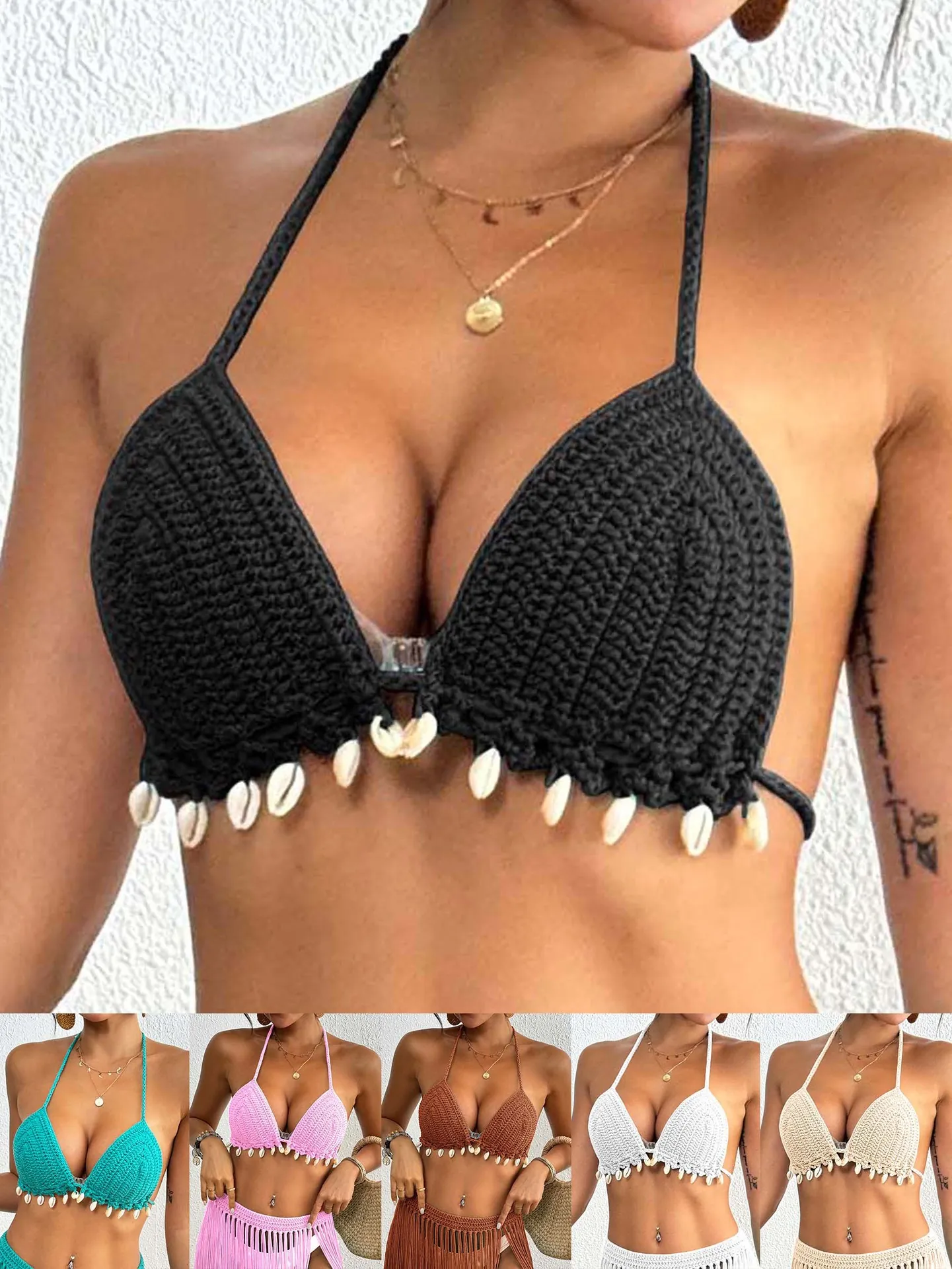 Damen Bohemian Häkel Bikini Oberteil Mit Natürlichen Muscheln Quasten Handgefertigt Halter Strick Strand Cover Up Bademode Top