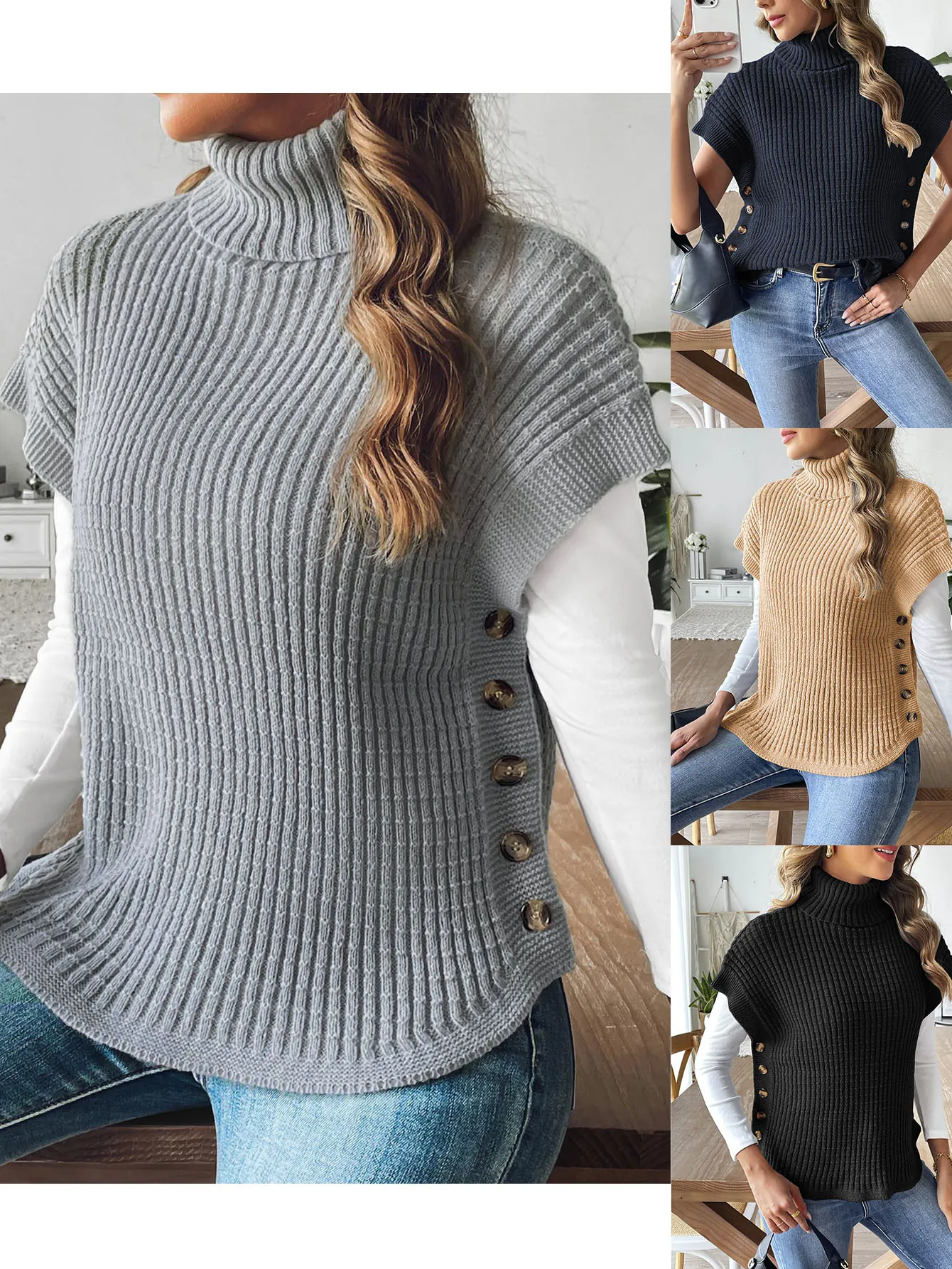 Gilet in Maglia a Collo Alto da Donna Bottoni Laterali Maglione a Coste Senza Maniche Top Pullover Tinta Unita Casual