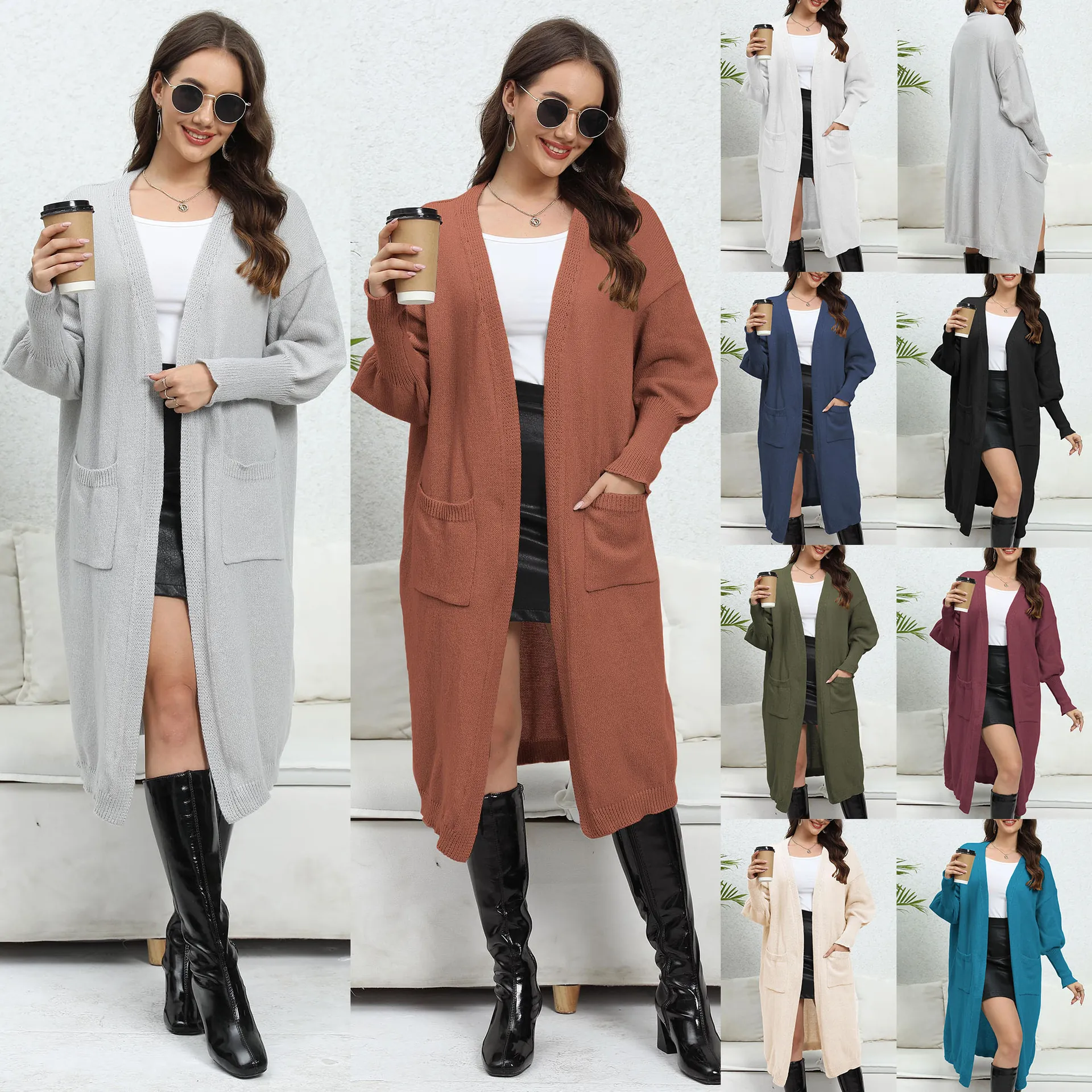 Women's Loose Lazy Style Knitted Cardigan Sweater With Double Pockets Lantern Sleeve Open Front Long Outwear Coat