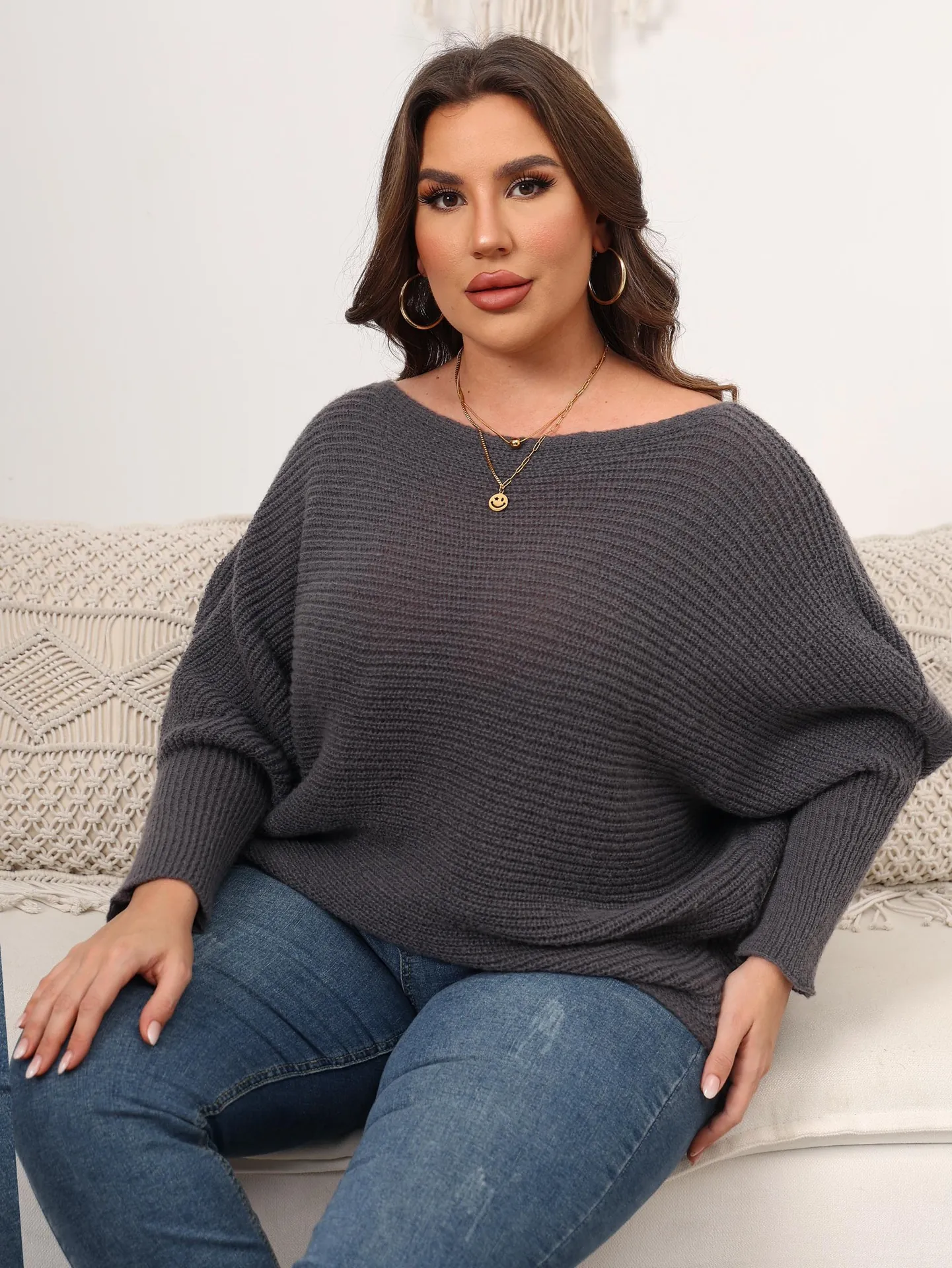 Plus Size Women's Off-Shoulder Batwing Sleeve Knitted Sweater Oversized Loose Ribbed Knit Pullover Autumn Winter Casual Top