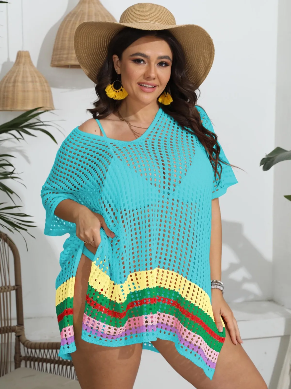 Women Sexy Deep V Neck Crochet Hollow Out Beach Cover Up Rainbow Stripe Patchwork Beachwear Polyester Knit Coverup Dress