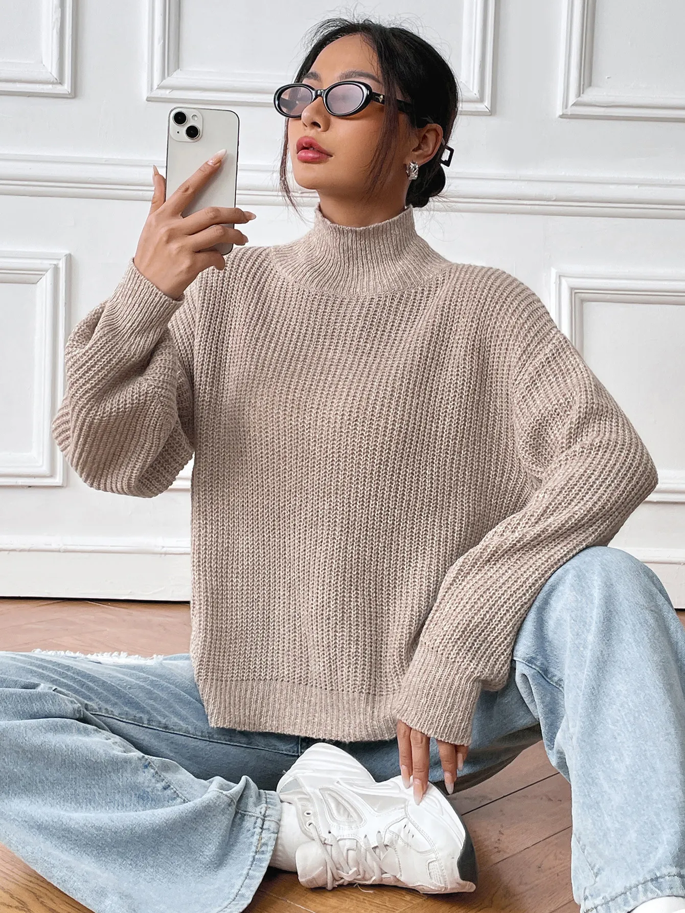 Women's Mock Neck Pullover Knit Sweater Loose Drop Shoulder Long Sleeve Solid Chunky Knit Jumper Autumn Winter Top
