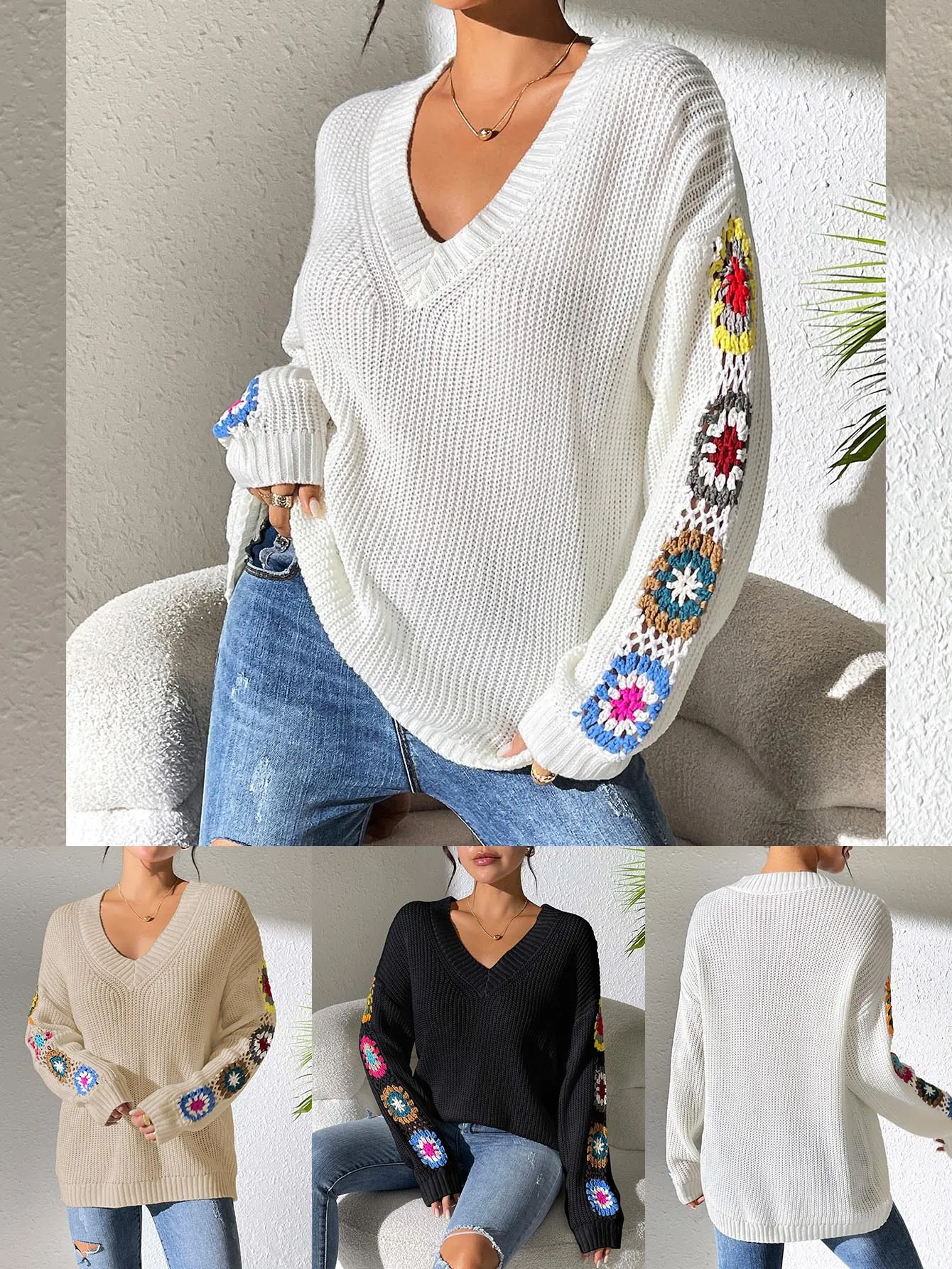 Women Casual Boho V-Neck Long Sleeve Knit Sweater Crochet Flower Patchwork Pullover Loose Jumper Top White Black Apricot