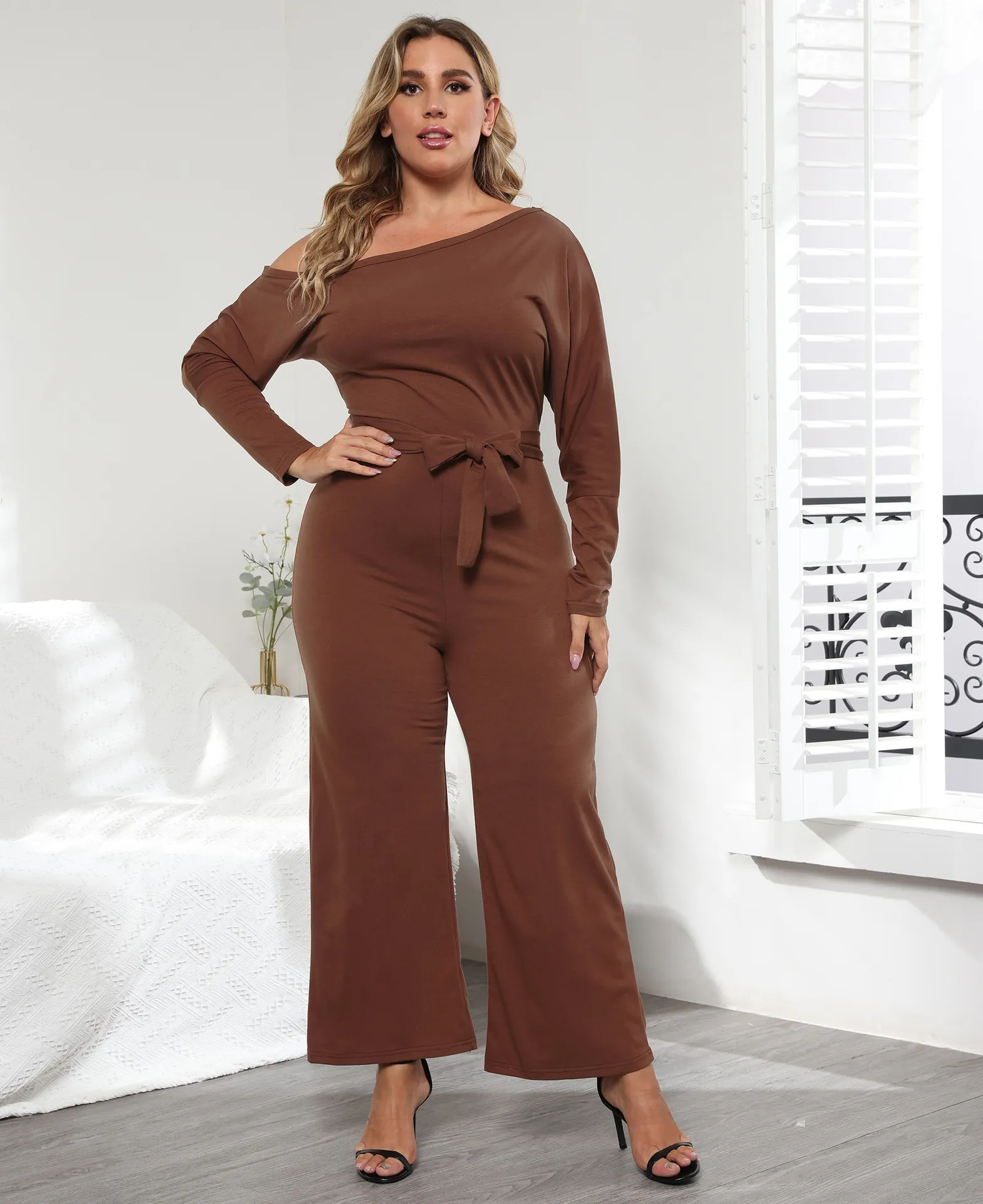 Plus Size Women Casual One Shoulder Long Sleeve Jumpsuit Wide Leg Belted Solid Color Brown Romper