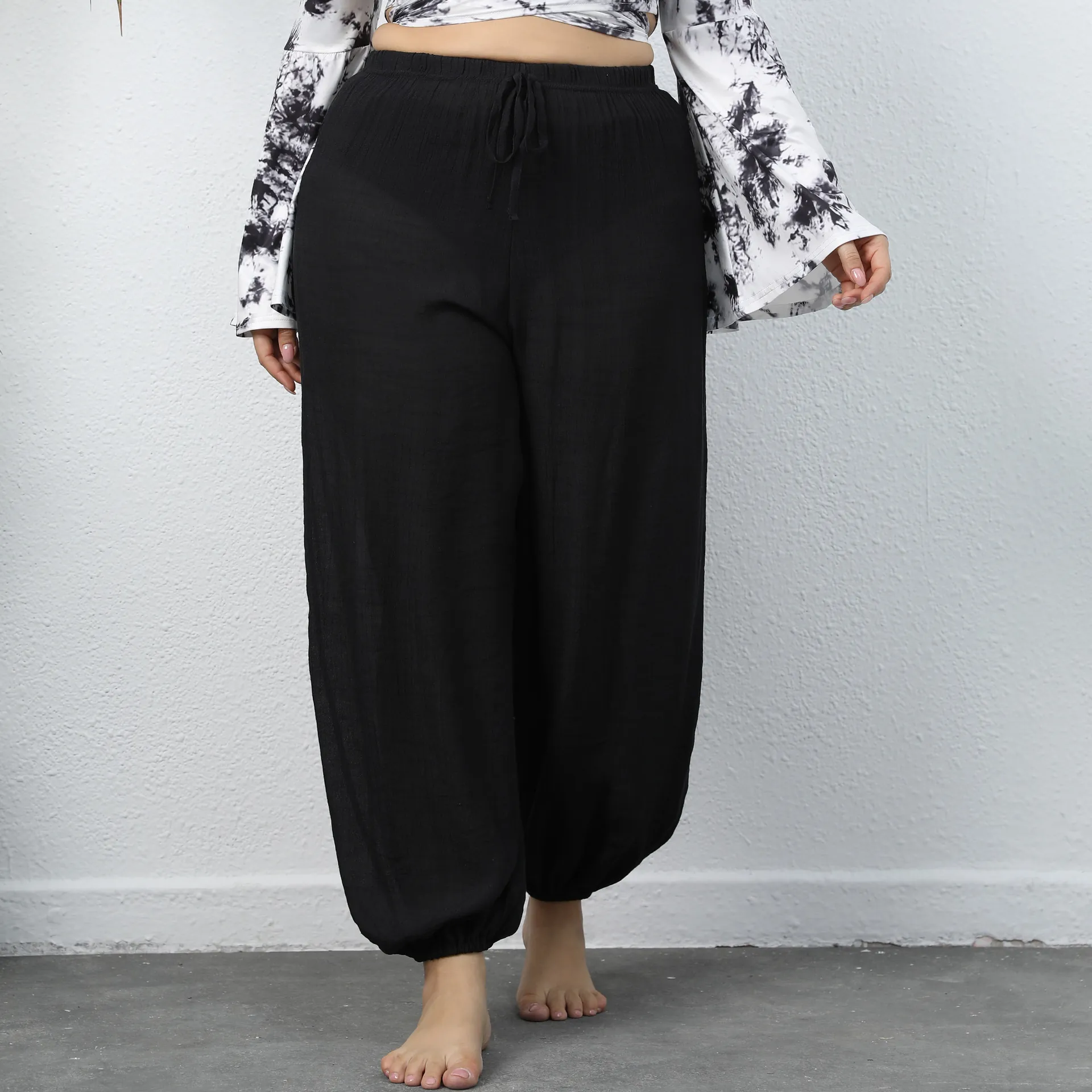 Women Plus Size Harem Pants Elastic High Waist Drawstring Loose Casual Lightweight Lantern Trousers Solid Color Beach Pants