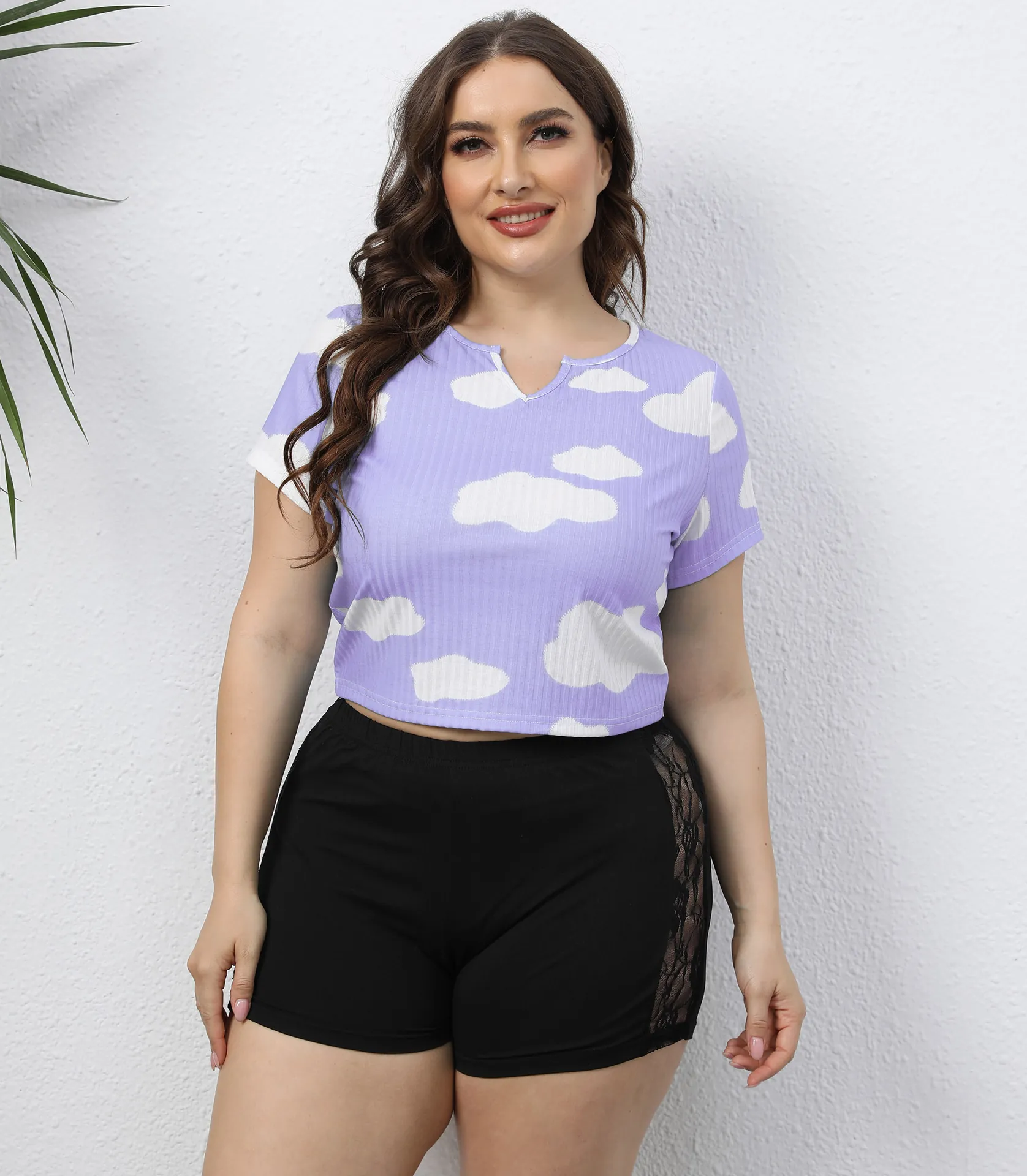 Plus Size Women Two Piece Set Cloud Print Ribbed Crop Top And Lace Trim Shorts Casual Summer Loungewear Short Sleeve Outfit