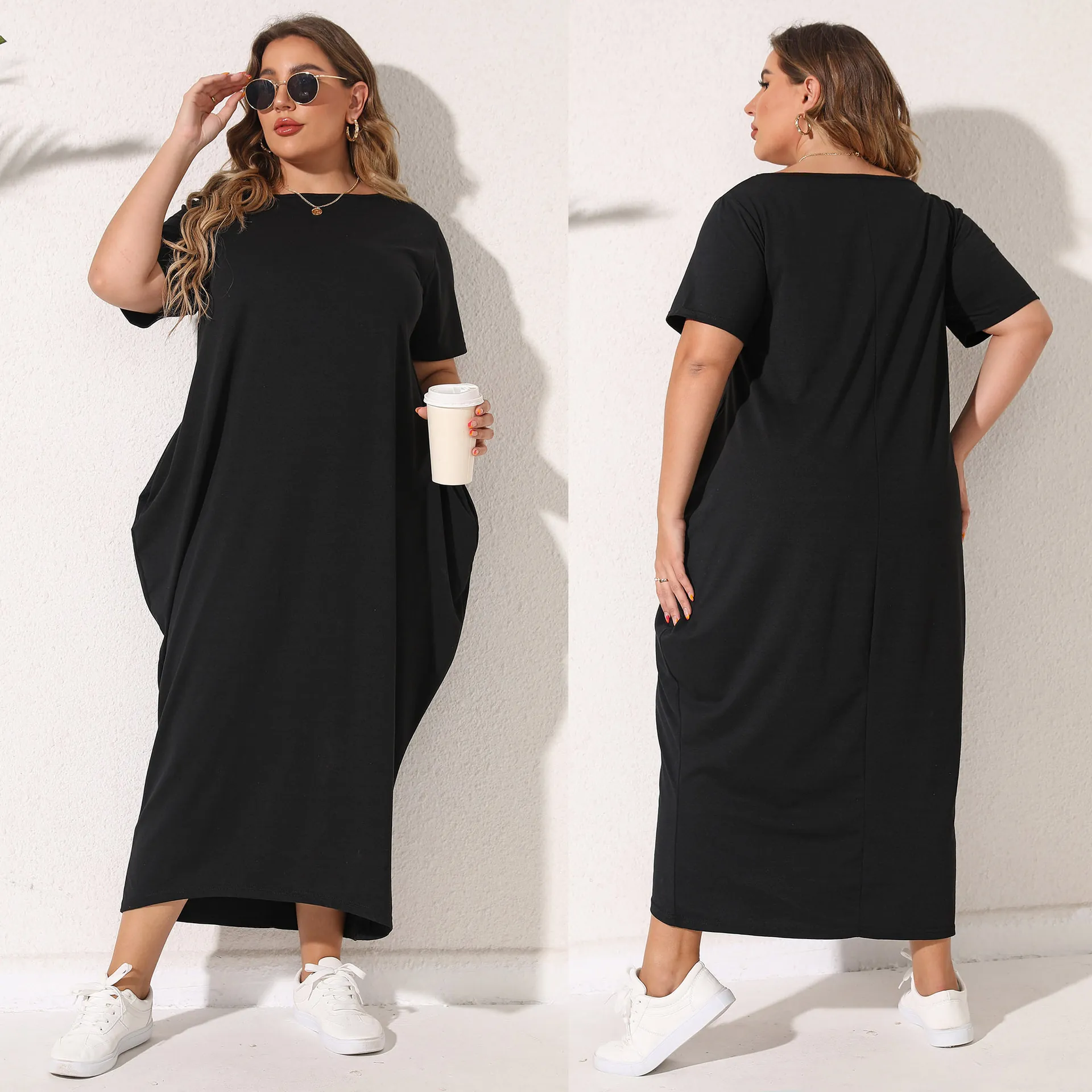 Women Plus Size Solid Black Short Sleeve Round Neck Maxi Dress with Pockets Loose Casual Cotton Blend Asymmetric Cocoon Dress