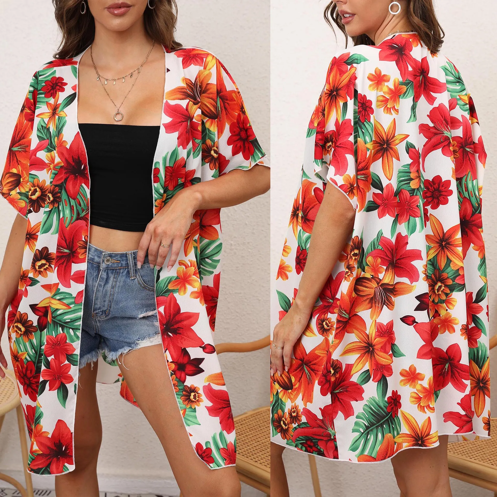 Women's Bohemian Tropical Floral Print Kimono Cardigan Loose Open Front Chiffon Beach Cover Up For Summer Vacation White