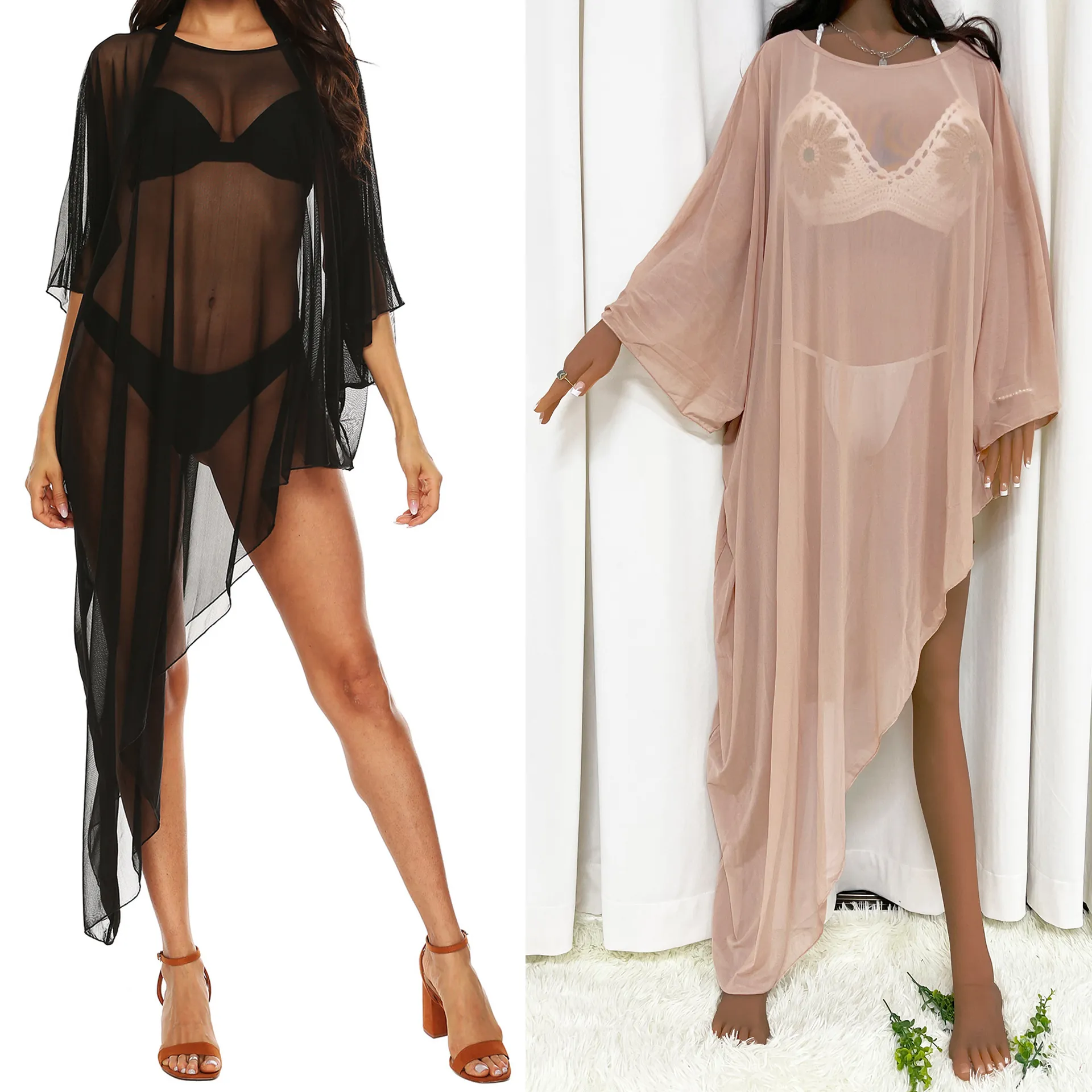 Women Sexy Irregular Hem Mesh See Through Beach Cover Up Solid Color Knitted Loose Vacation Beachwear Dress Top