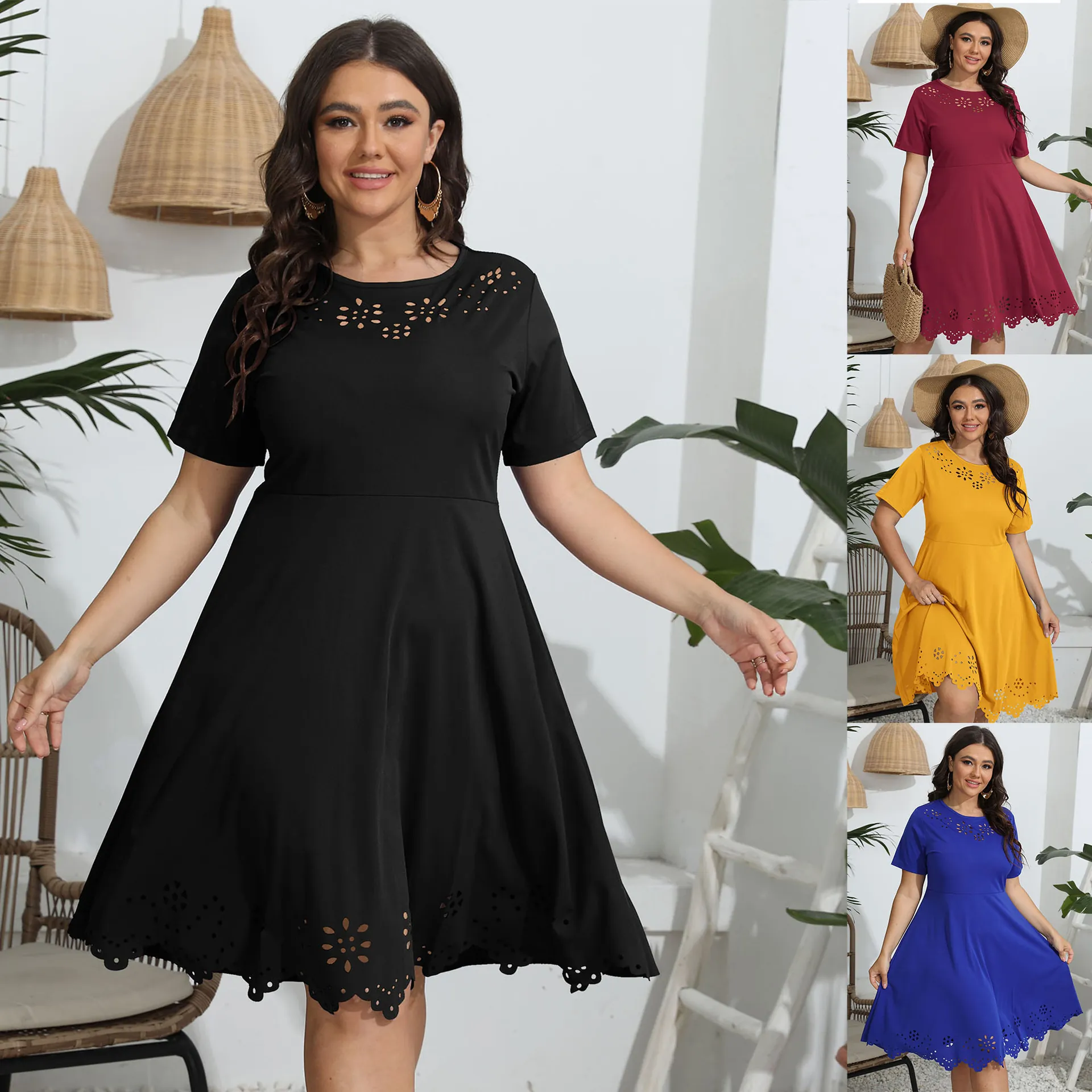 Women Plus Size Dress Summer Short Sleeve Round Neck Solid Color Laser Cut Hollow Out Floral Scalloped Hem Midi A-Line Skirt