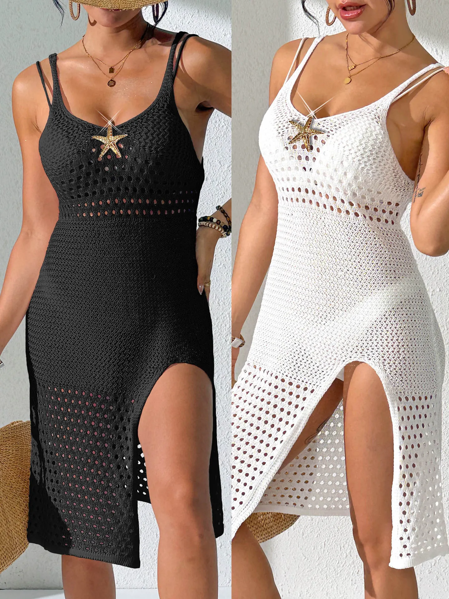Women Casual Crochet Beach Cover Up Dress With Golden Starfish Sexy Hollow Out Side Split Spaghetti Strap Vacation Knitted Long Dress