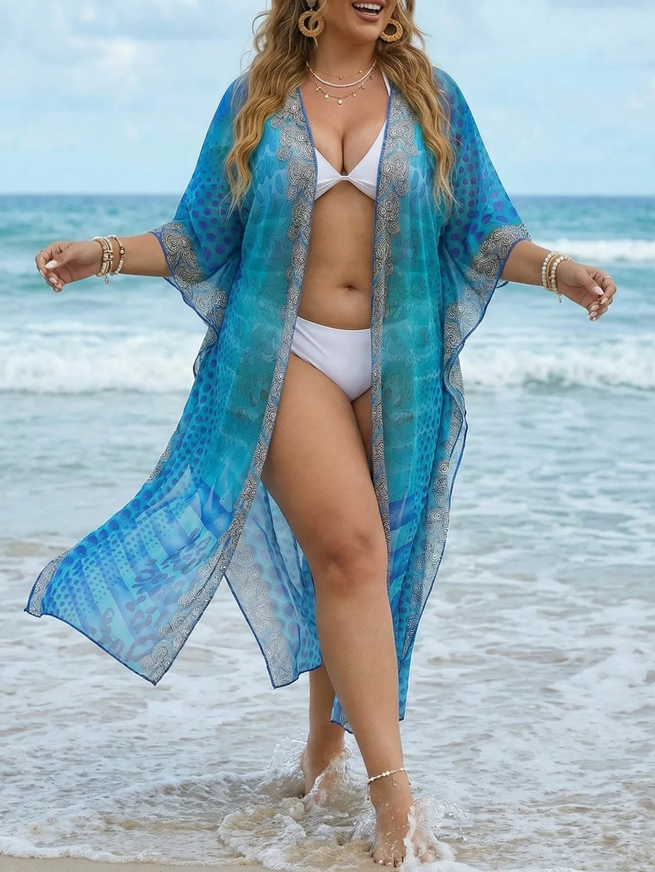 Salida de Playa Bohemio Talla Grande para Mujer Poliéster Estampado Retro Cárdigan Largo Cuello en V Suelto Resort Wear Top