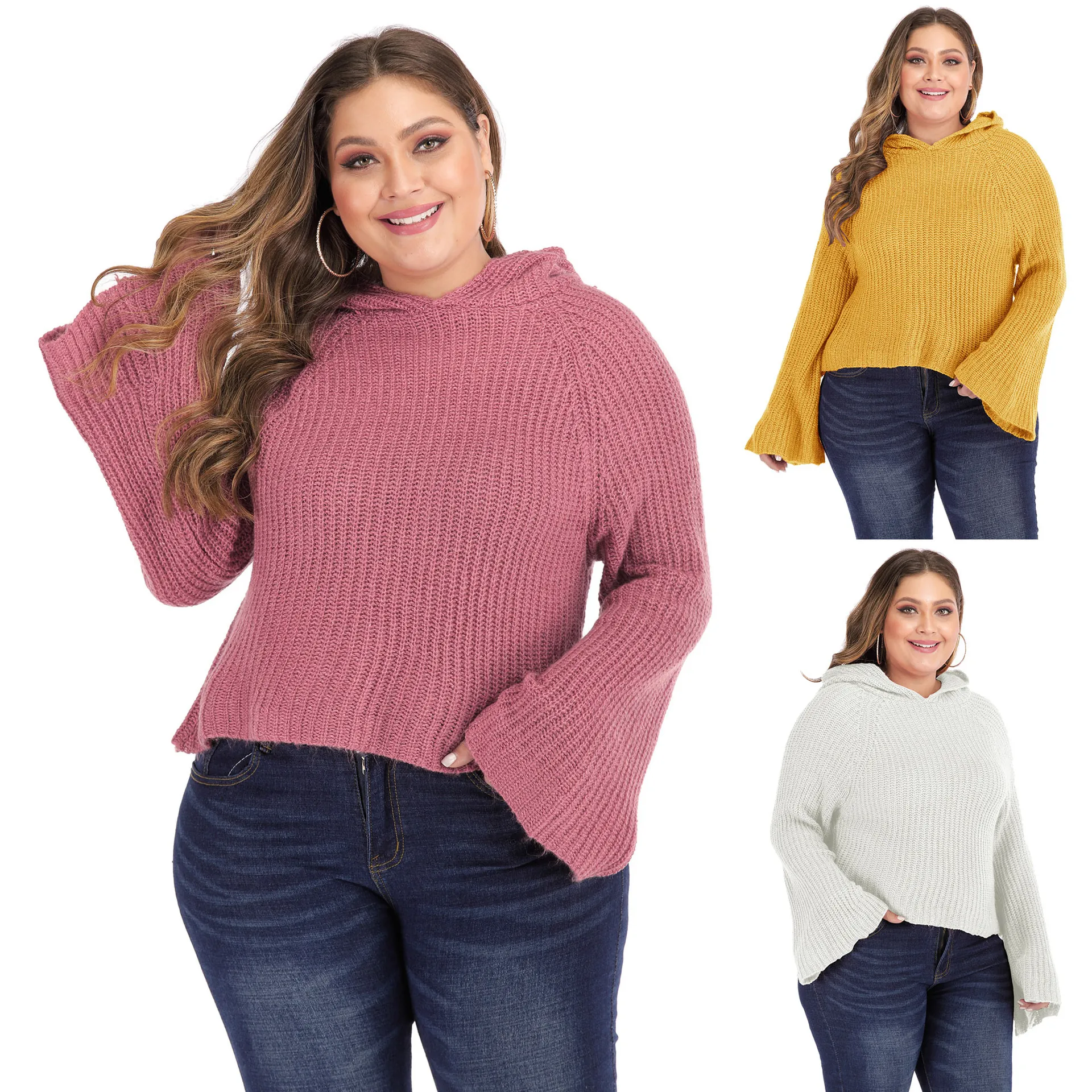 Women's Plus Size Bell Sleeve Hooded Knit Sweater Loose Chunky Pullover Top Plain Casual Solid Color Long Sleeve Knitwear