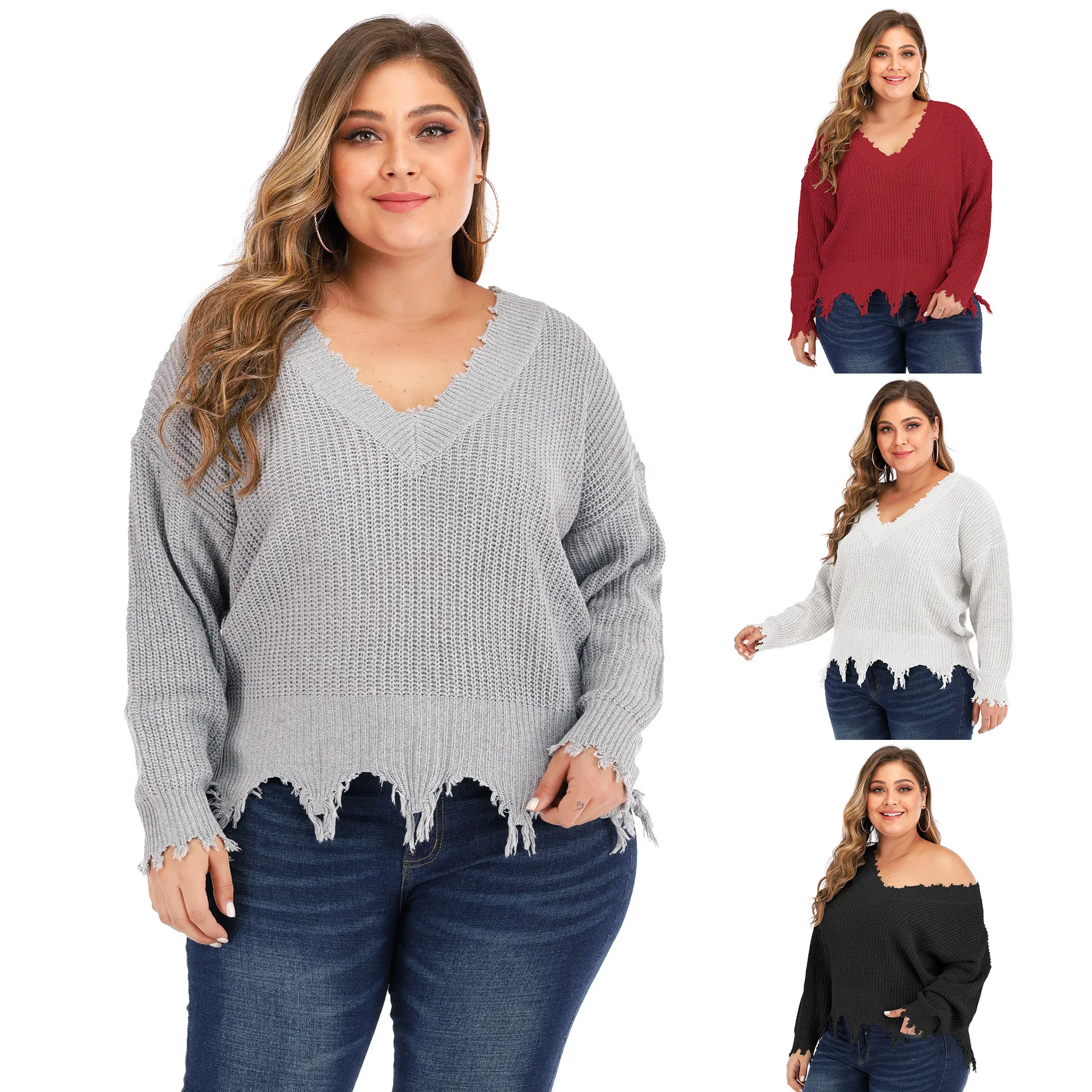 Plus Size Women V-Neck Knit Sweater Distressed Frayed Edge Oversized Pullover Long Sleeve Solid Color Jumper Top Casual Wear
