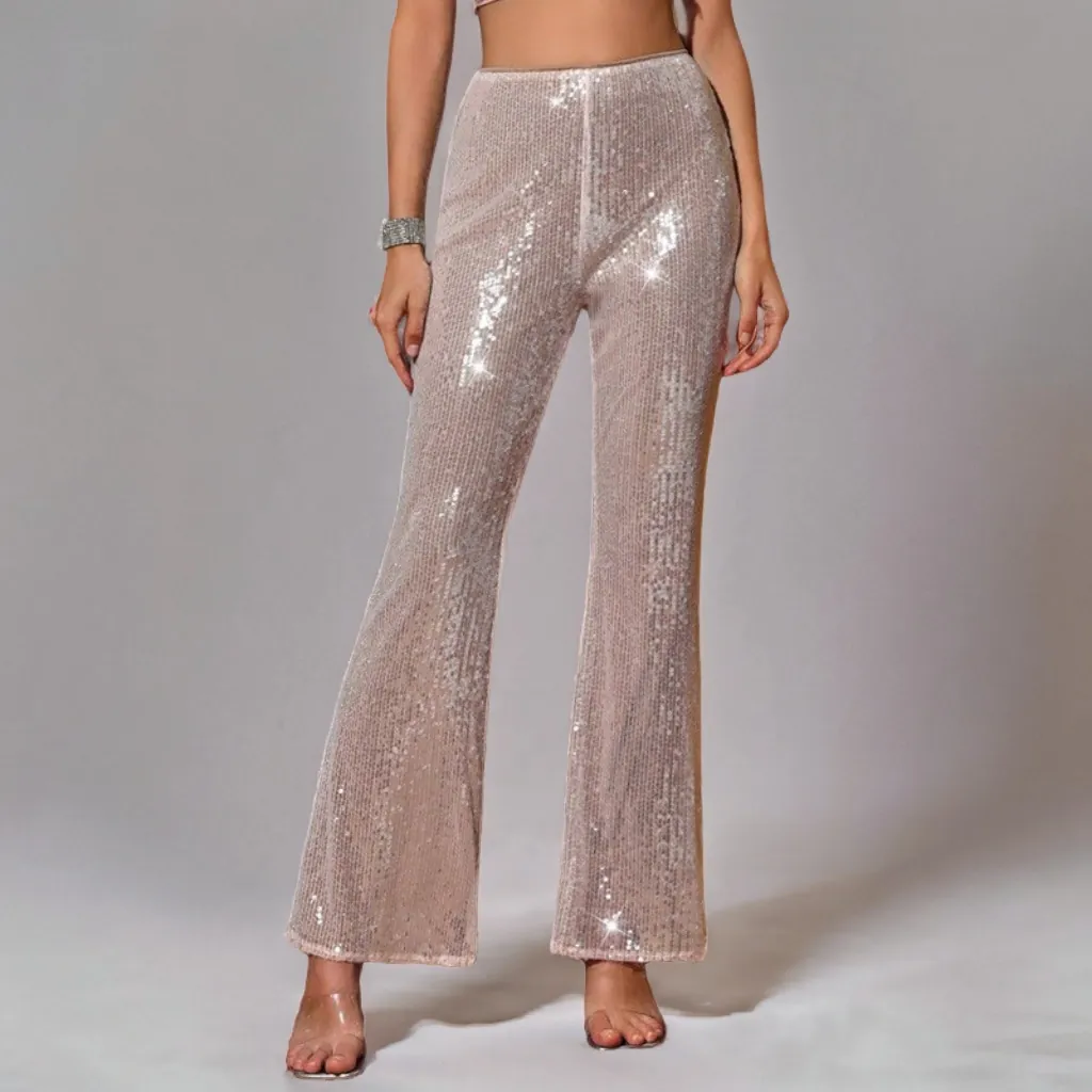 Women Elegant High Waist Sequined Flare Pants Sparkly Champagne Rose Gold Long Trousers For Party Banquet Evening Clubwear
