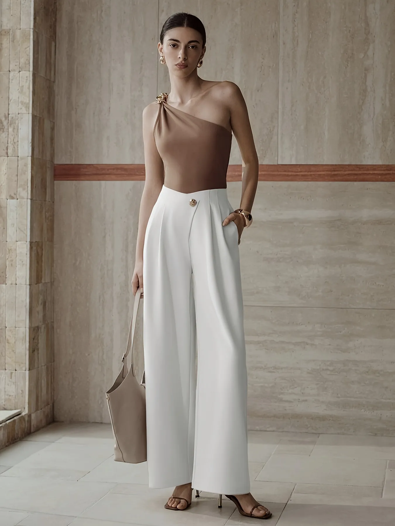 Women's High Waist Wide Leg Pants Elegant Solid White Office Commuting Trousers Drape Straight Pants With Gold Button