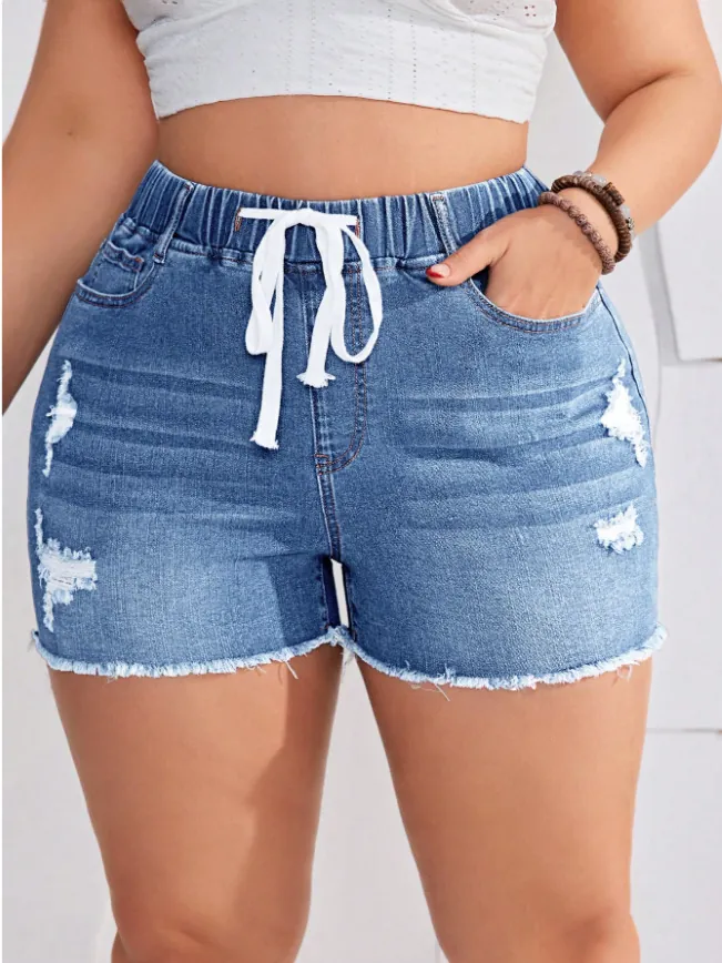 Pantaloncini Jeans Donna Vita Alta Coulisse Elastica Casual Distressed Strappati Orlo Sfilacciato Shorts Estivi