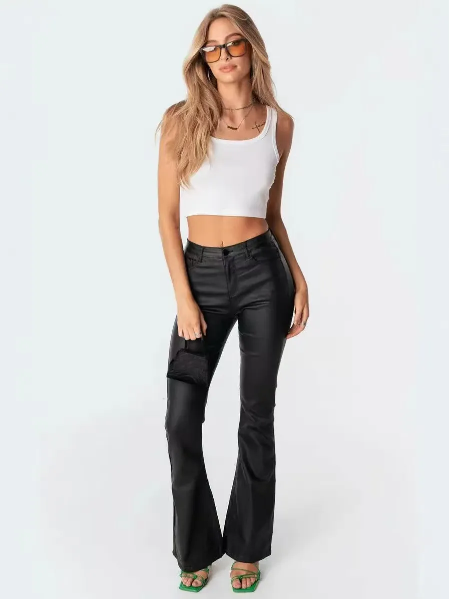 Damen High Waist Kunstleder Schlaghose Mode Beschichtete Einfarbige Schlankmachende Glockenhose Täglich Party Chic Kleidung