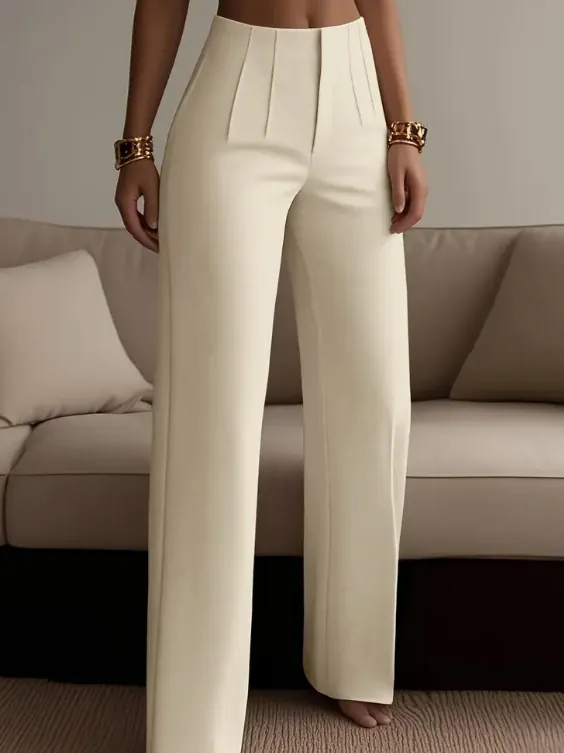 Damen Hohe Taille Gefaltete Weites Bein Anzughose Sommer Gerade Hose Einfarbig Slim Fit Basic Büro Pendeln Freizeithose
