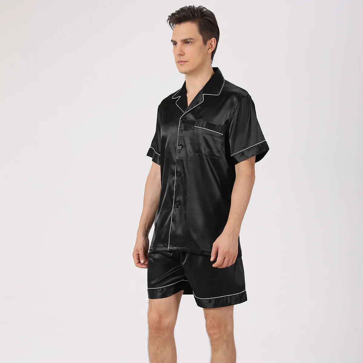 Men's Satin Pajama Set Short Sleeve Button Down Shirt And Shorts Two Piece Silk Like Sleepwear Loungewear Pocket Piping