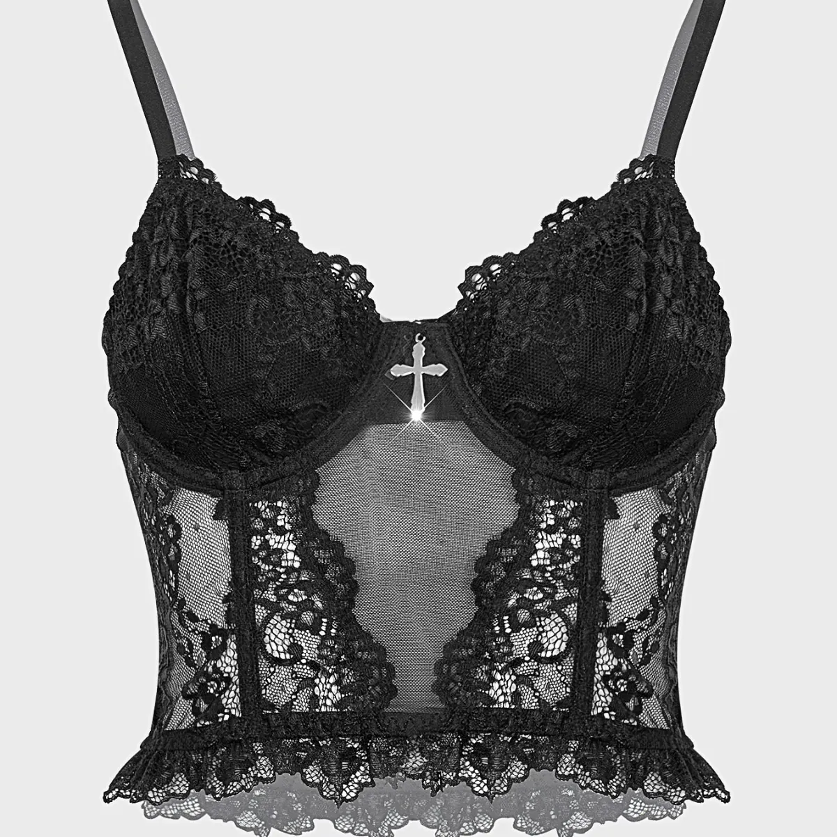 Gothic Black Lace Corset Top With Silver Cross Pendant Underwire Boned Camisole Adjustable Strap Bustier For Women