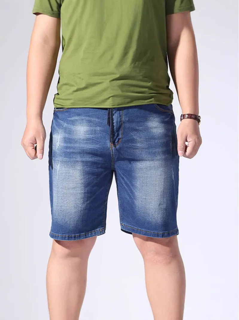Men's Plus Size Denim Shorts Elastic Drawstring Waist High Stretch Distressed Washed Blue Five-Point Casual Jeans Shorts