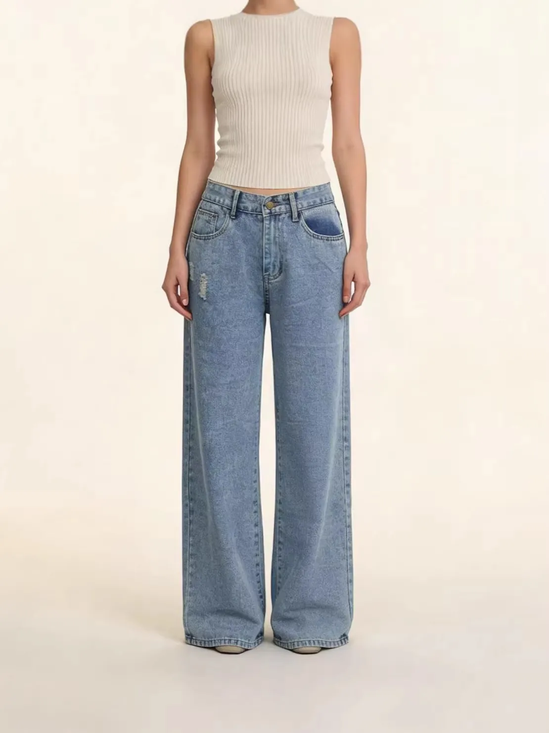 Women High Waist Straight Leg Jeans Distressed Ripped Denim Pants Vintage Wide Leg Washed Cotton Jeans Streetwear Long Trousers