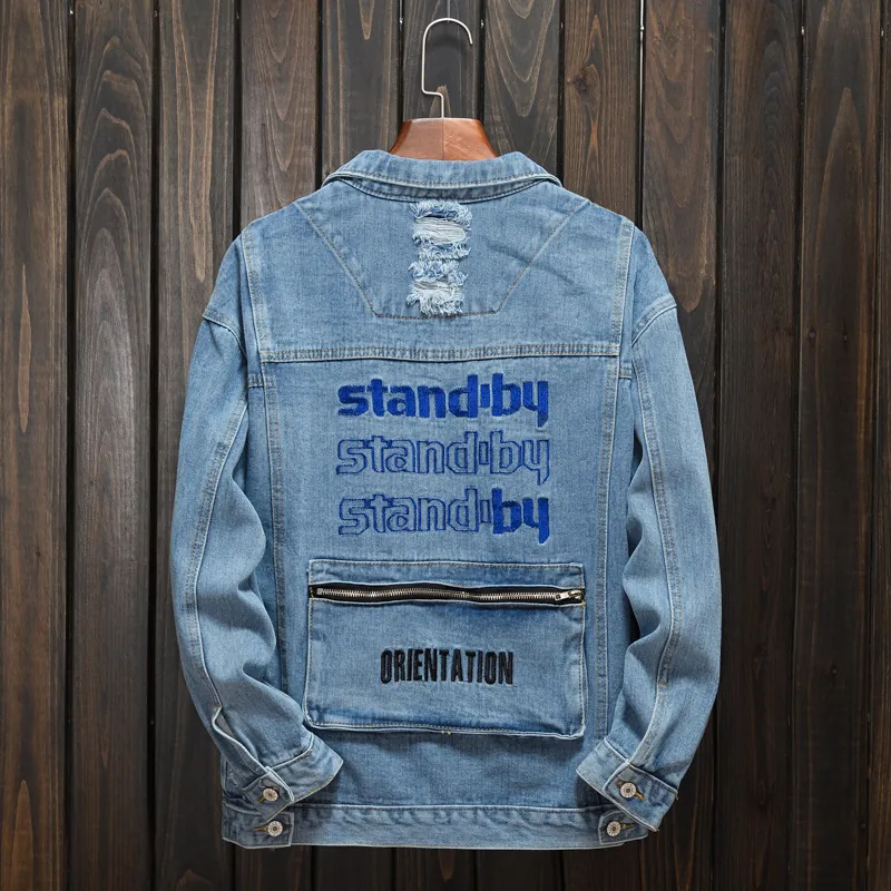 Heren Distressed Denim Jas Vintage Letter Borduurwerk Losse Katoen Gewassen Blauw Spijkerjasje Casual Streetwear